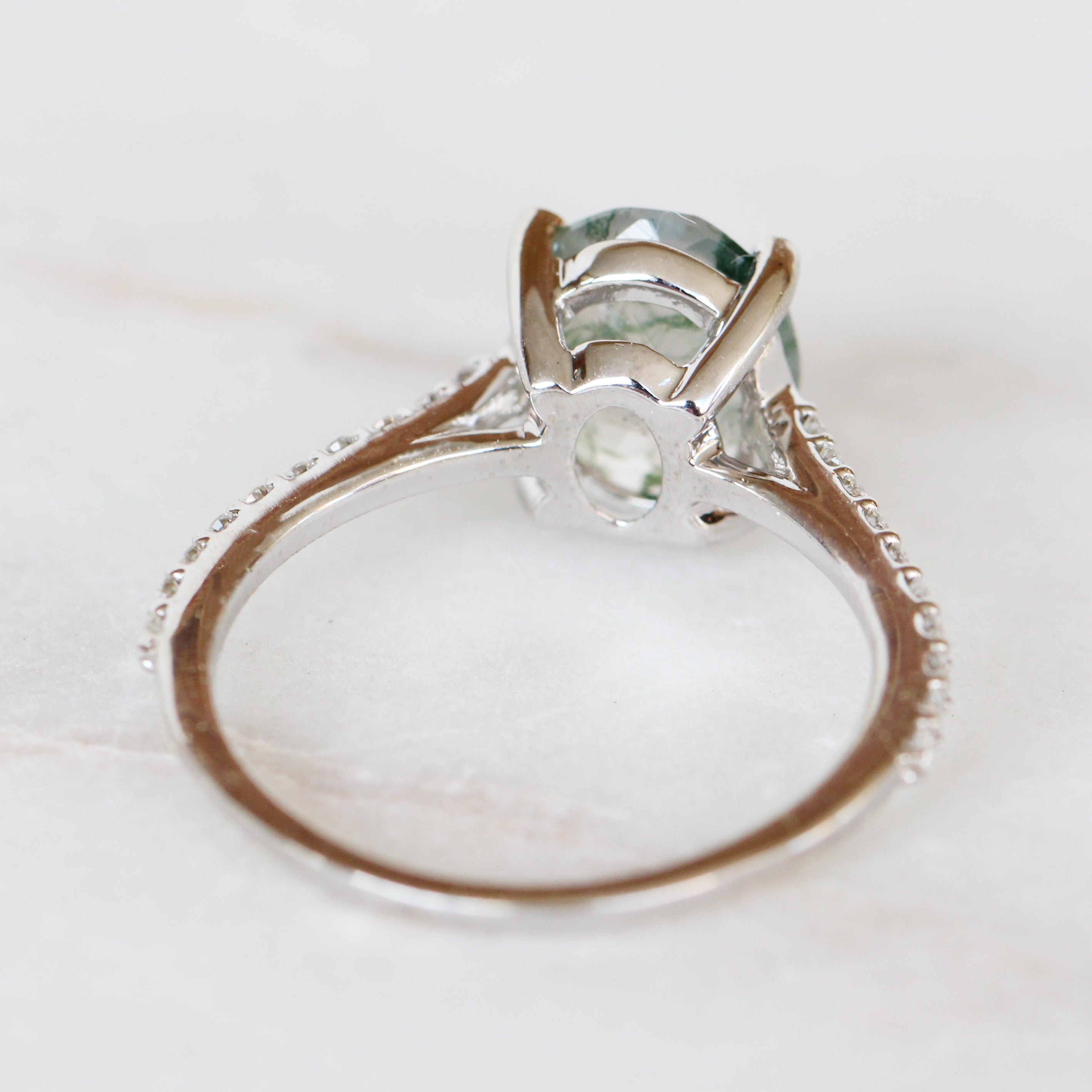 Raine Ring with a 2.06 Carat Moss Agate and Accent Diamonds in 14k White Gold - Ready to size and ship - Midwinter Co. Alternative Bridal Rings and Modern Fine Jewelry