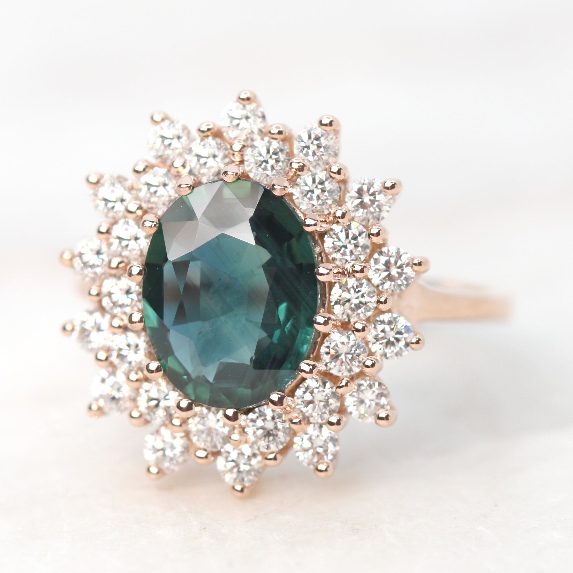 Catherine Ring with a 2.40 Carat Teal Oval Sapphire and White Accent Diamonds in 14k Rose Gold - Ready to Size and Ship - Midwinter Co. Alternative Bridal Rings and Modern Fine Jewelry