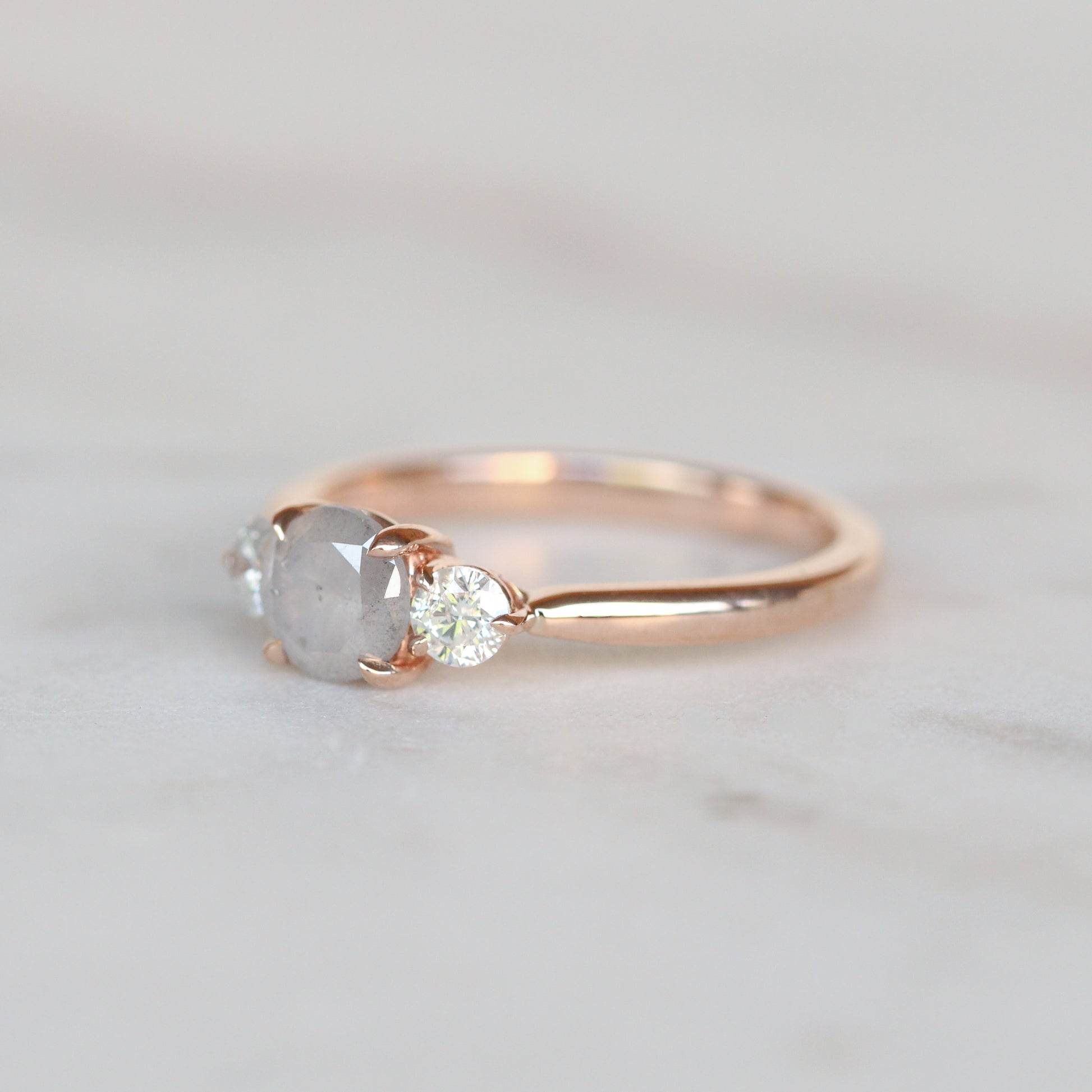Olive Ring with a 0.88 Carat Misty Gray Diamond with White Diamond Accents in 10k Rose Gold - Ready to Size and Ship - Midwinter Co. Alternative Bridal Rings and Modern Fine Jewelry