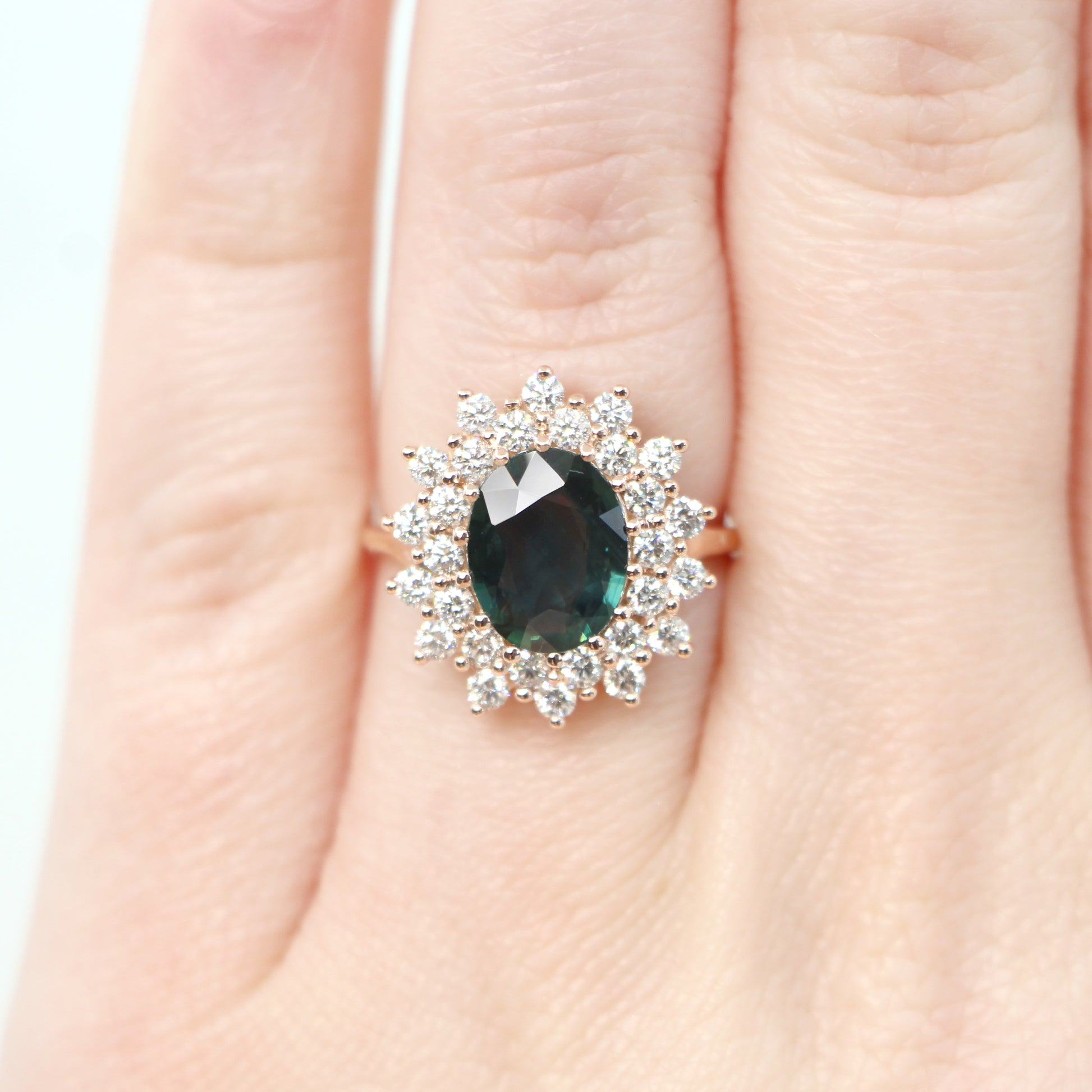 Catherine Ring with a 2.40 Carat Teal Oval Sapphire and White Accent Diamonds in 14k Rose Gold - Ready to Size and Ship - Midwinter Co. Alternative Bridal Rings and Modern Fine Jewelry