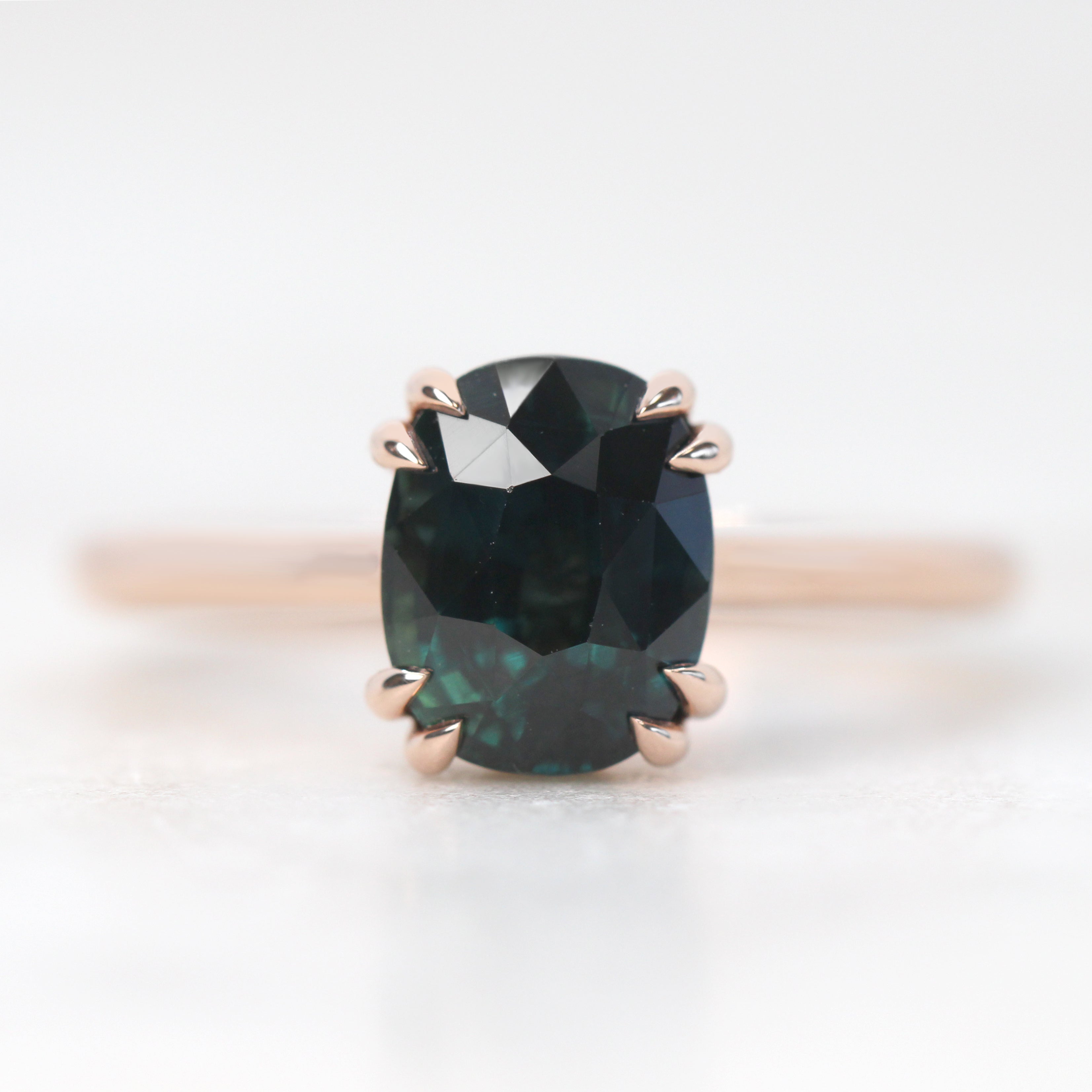 Nesta Ring with a 3.05 Carat Dark Teal Oval Sapphire in 14k Rose Gold - Ready to Size and Ship - Midwinter Co. Alternative Bridal Rings and Modern Fine Jewelry