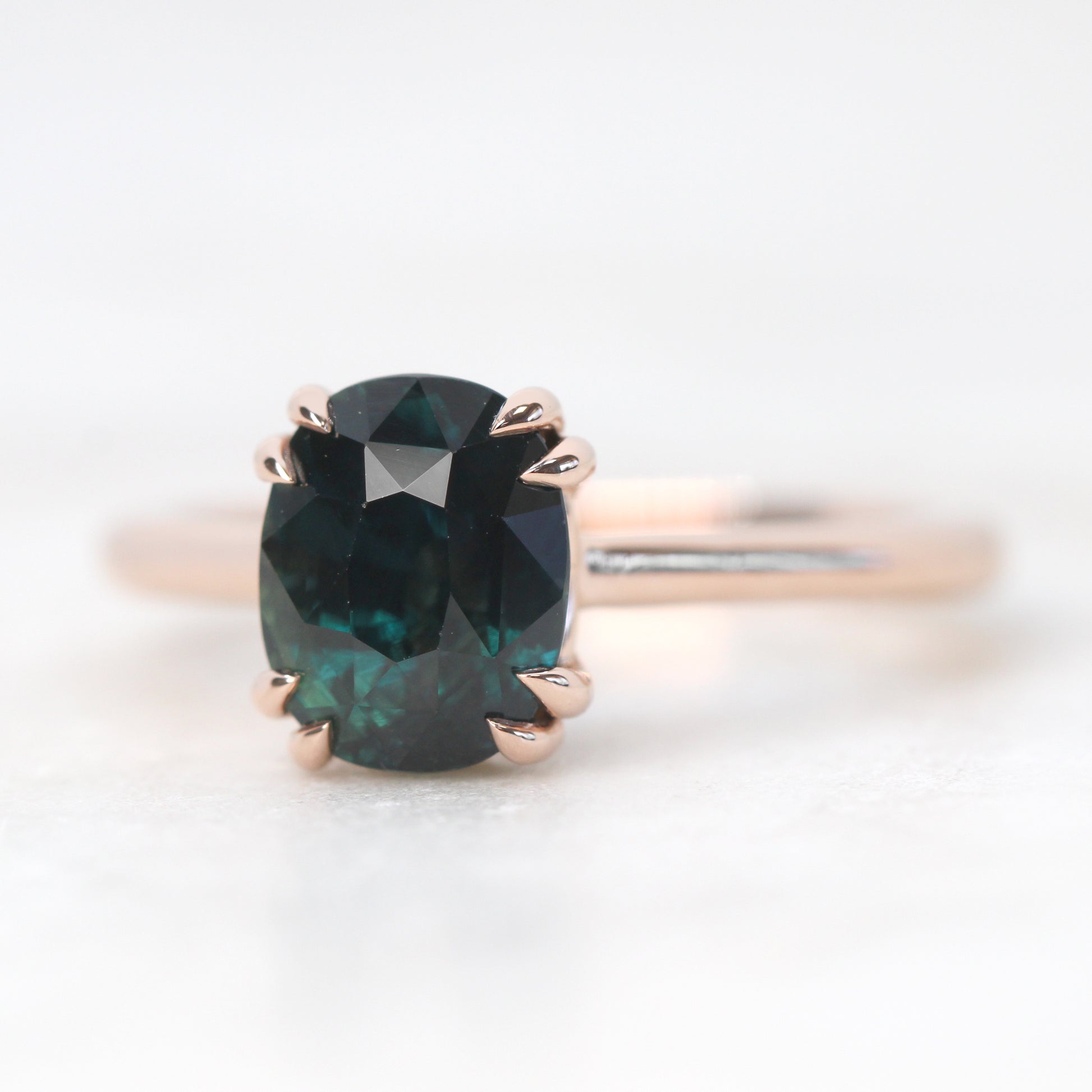 Nesta Ring with a 3.05 Carat Dark Teal Oval Sapphire in 14k Rose Gold - Ready to Size and Ship - Midwinter Co. Alternative Bridal Rings and Modern Fine Jewelry