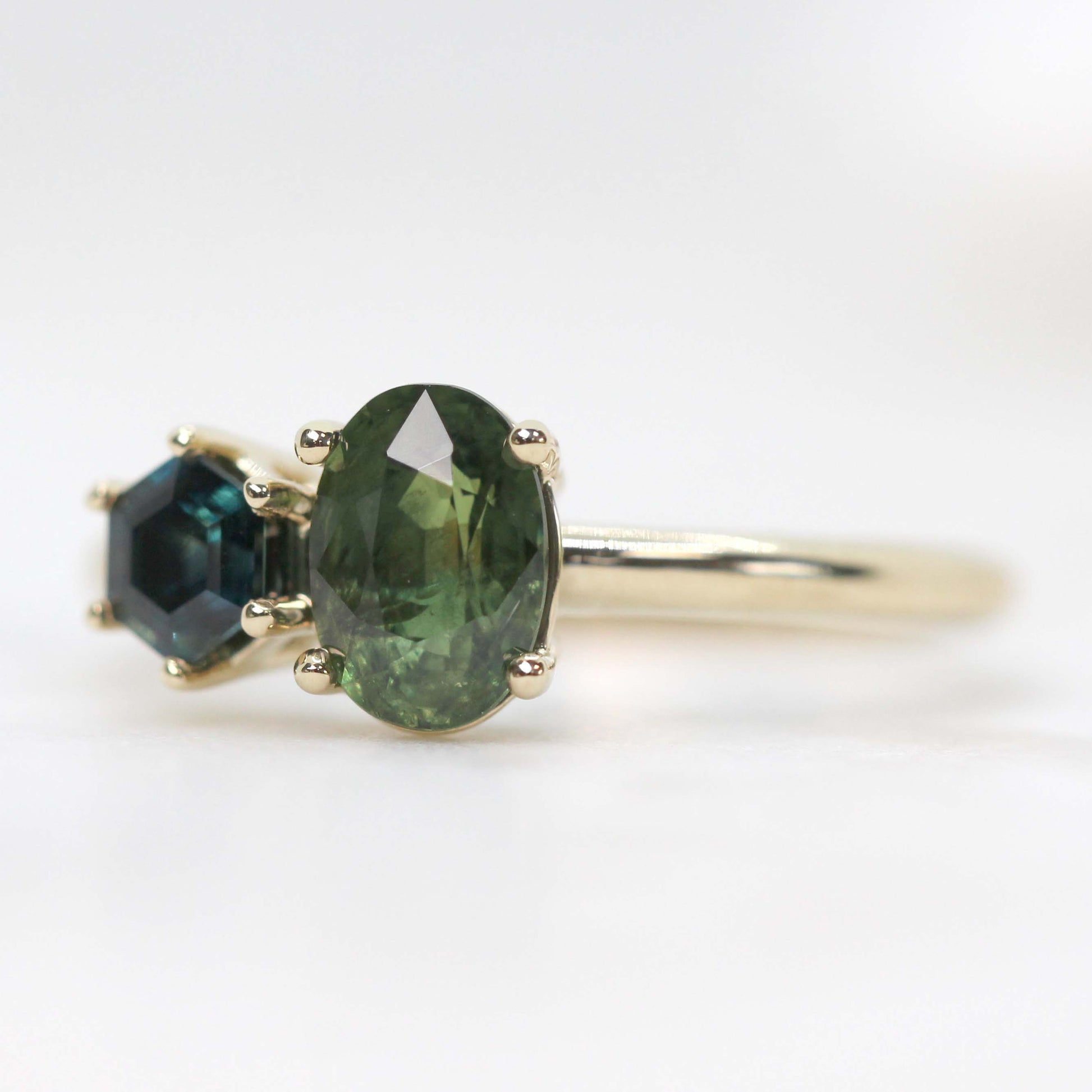 Toi et Moi Ring with a 1.42 Carat Green Oval Sapphire and a 0.66 Blue Hexagon Sapphire in 14k Yellow Gold - Ready to Size and Ship - Midwinter Co. Alternative Bridal Rings and Modern Fine Jewelry
