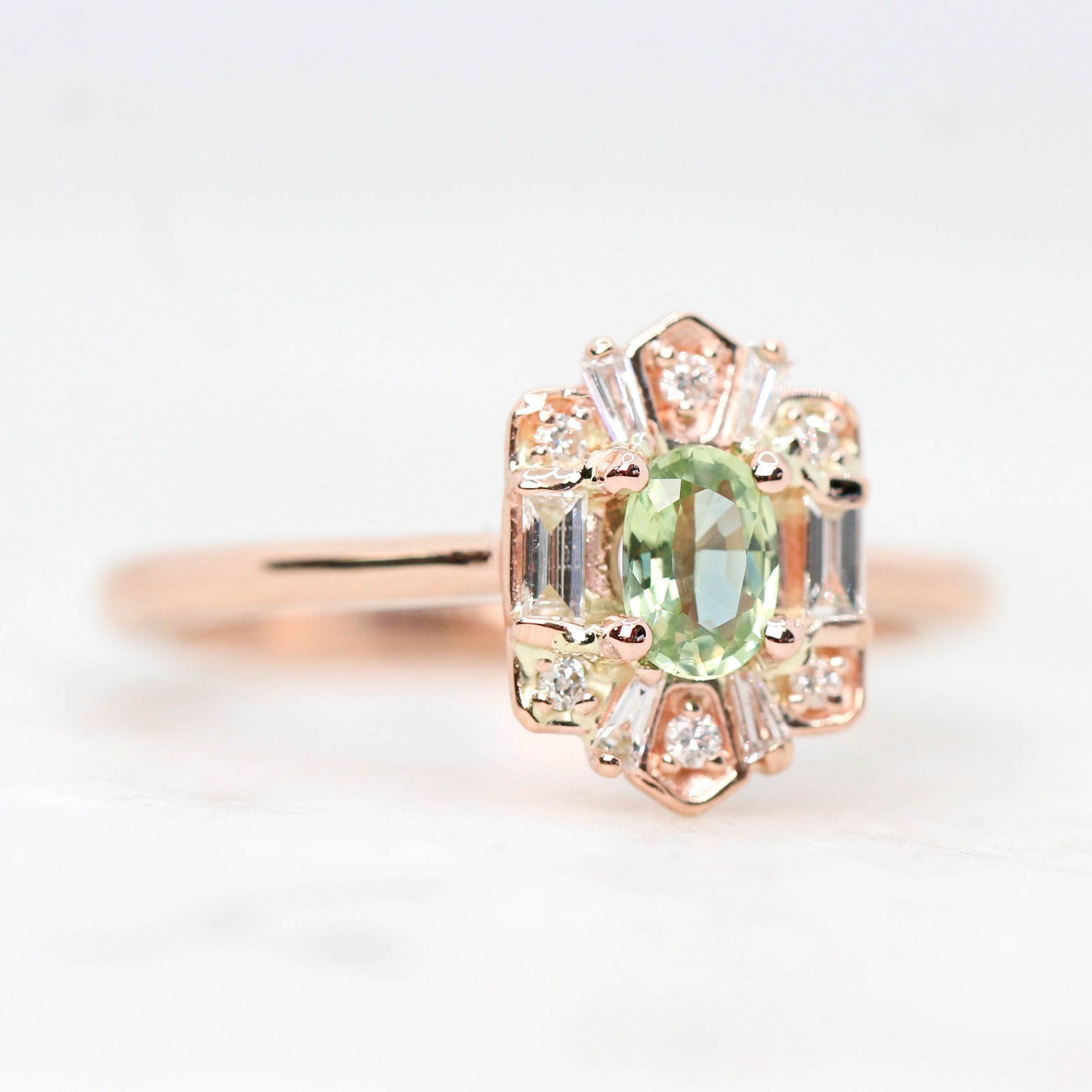 Geraldine Ring with a 0.62 Carat Light Green Oval Australian Sapphire and White Accent Diamonds in 10k Rose Gold - Ready to Size and Ship - Midwinter Co. Alternative Bridal Rings and Modern Fine Jewelry