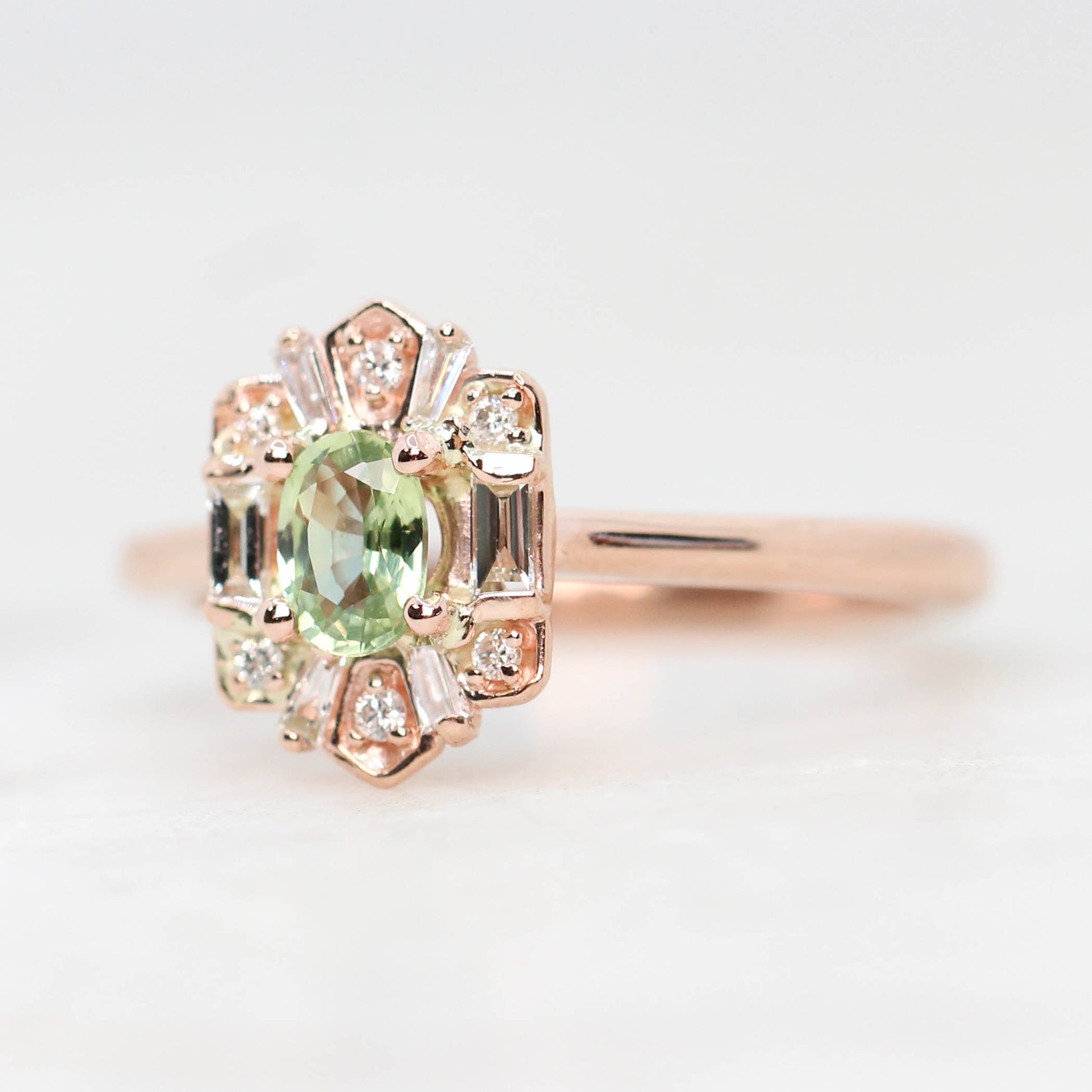 Geraldine Ring with a 0.62 Carat Light Green Oval Australian Sapphire and White Accent Diamonds in 10k Rose Gold - Ready to Size and Ship - Midwinter Co. Alternative Bridal Rings and Modern Fine Jewelry