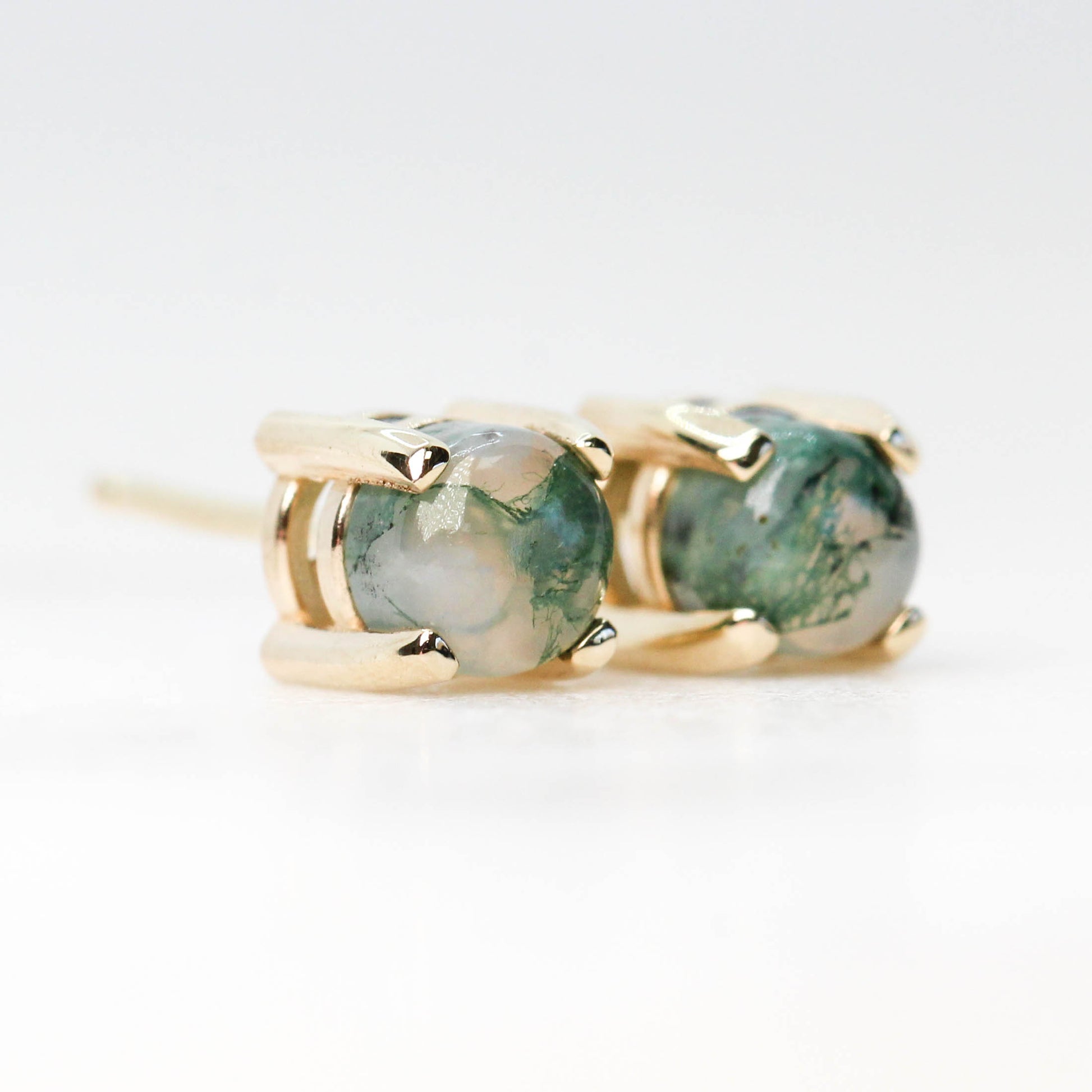 Moss Agate Stud Earrings in 14k Yellow Gold - Midwinter Co. Alternative Bridal Rings and Modern Fine Jewelry