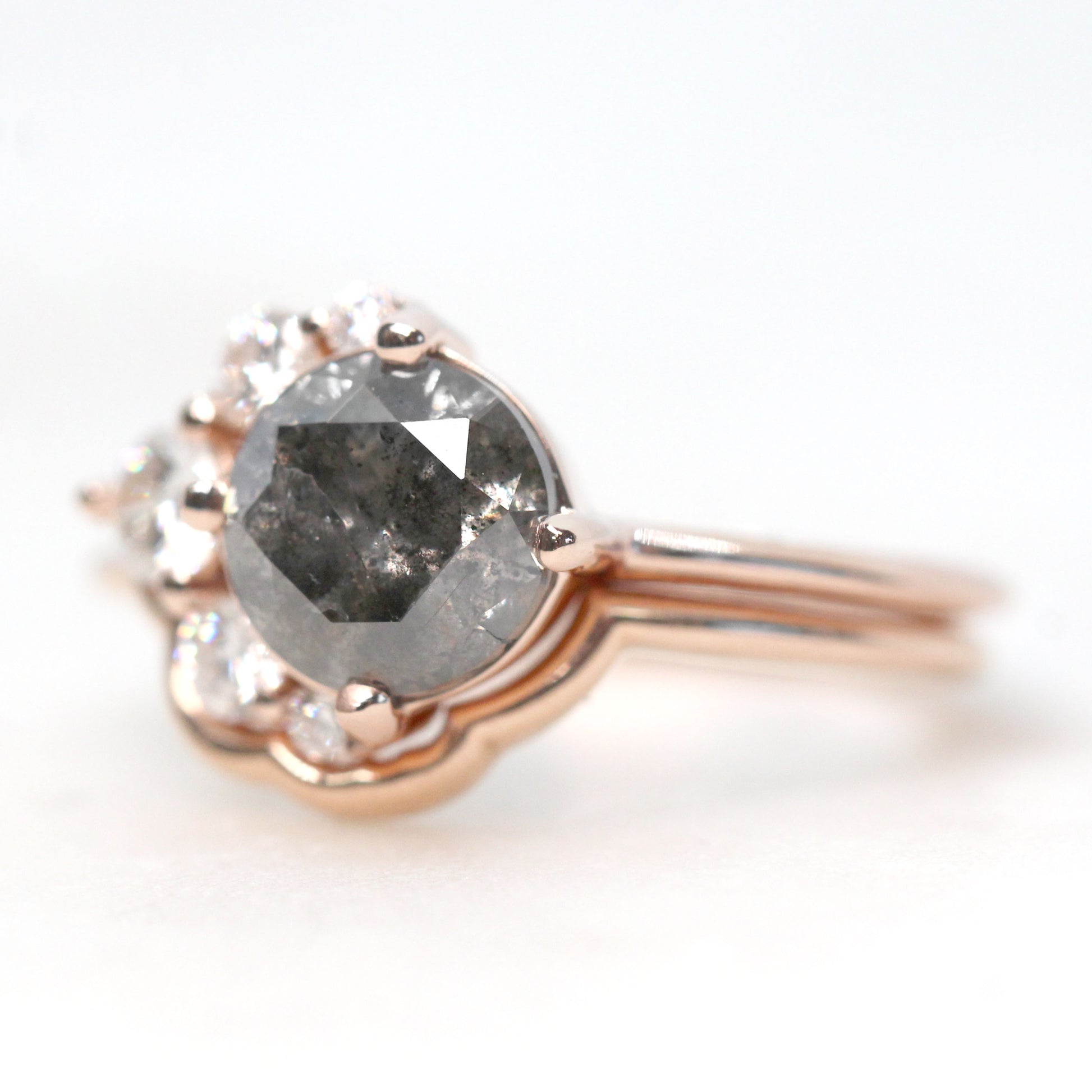 Carell Ring + Band with a 1.98 Carat Black Round Celestial Diamond and White Accent Diamonds in 14k Rose Gold - Ready to Size and Ship - Midwinter Co. Alternative Bridal Rings and Modern Fine Jewelry