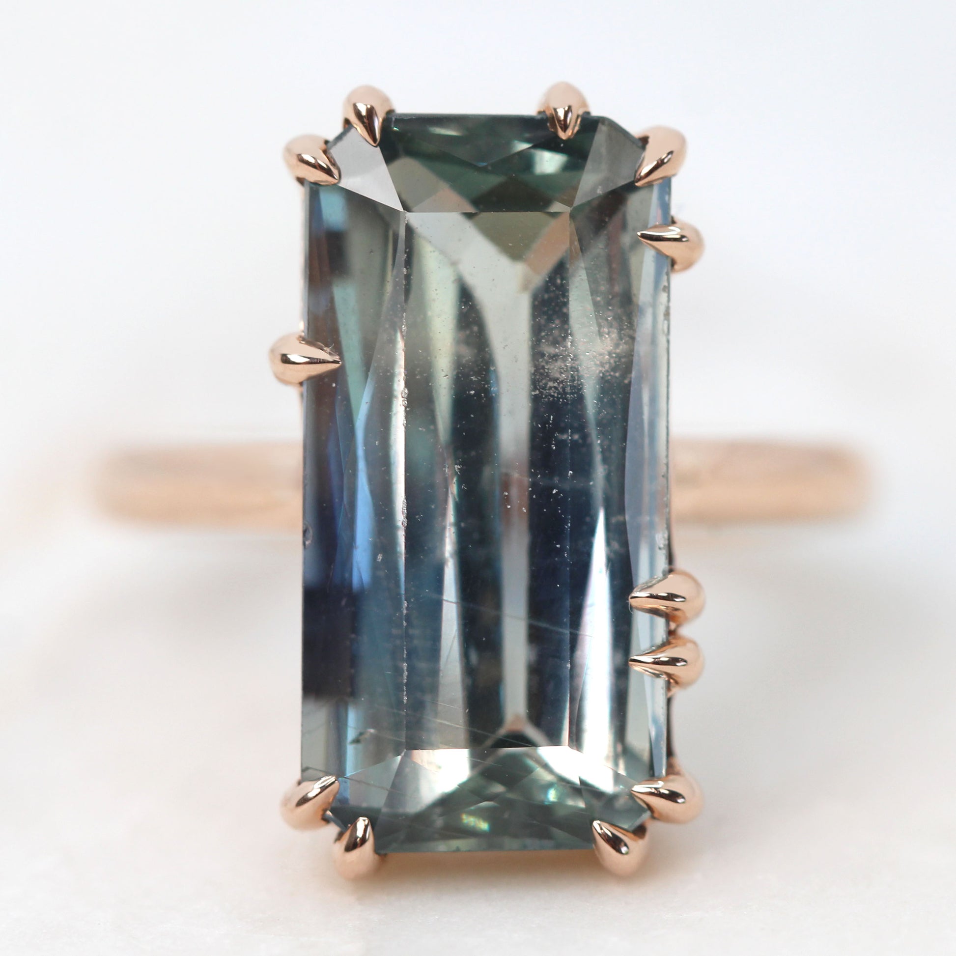 Elena Ring with a 10.75 Carat Emerald Cut Green Blue Bicolor