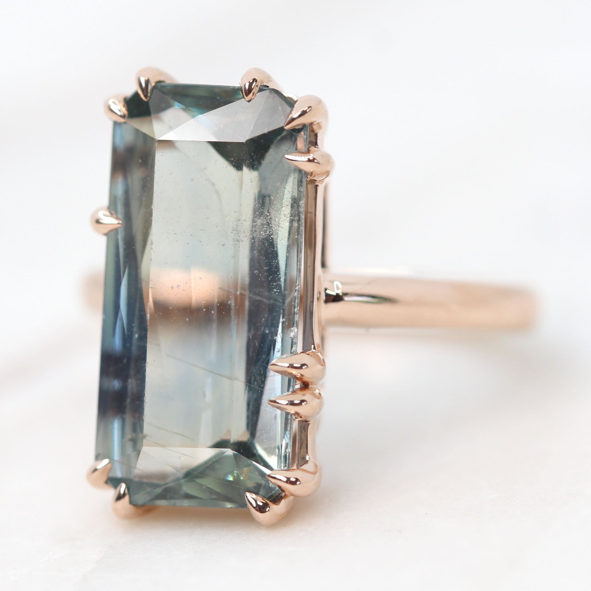 Elena Ring with a 10.75 Carat Emerald Cut Green Blue Bi-Color Sapphire in 14k Rose Gold - Ready to Size and Ship - Midwinter Co. Alternative Bridal Rings and Modern Fine Jewelry