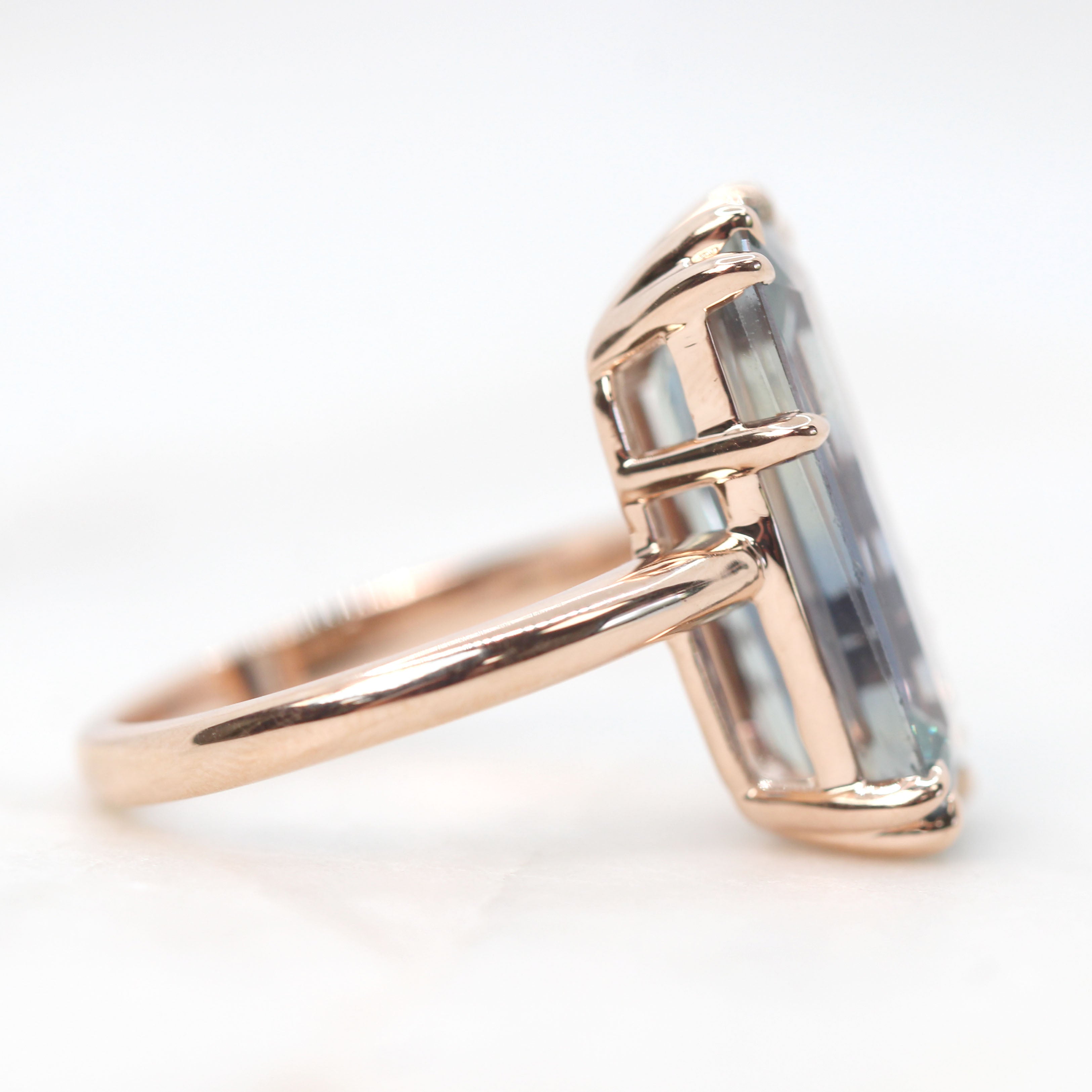 Elena Ring with a 10.75 Carat Emerald Cut Green Blue Bi-Color Sapphire in 14k Rose Gold - Ready to Size and Ship - Midwinter Co. Alternative Bridal Rings and Modern Fine Jewelry