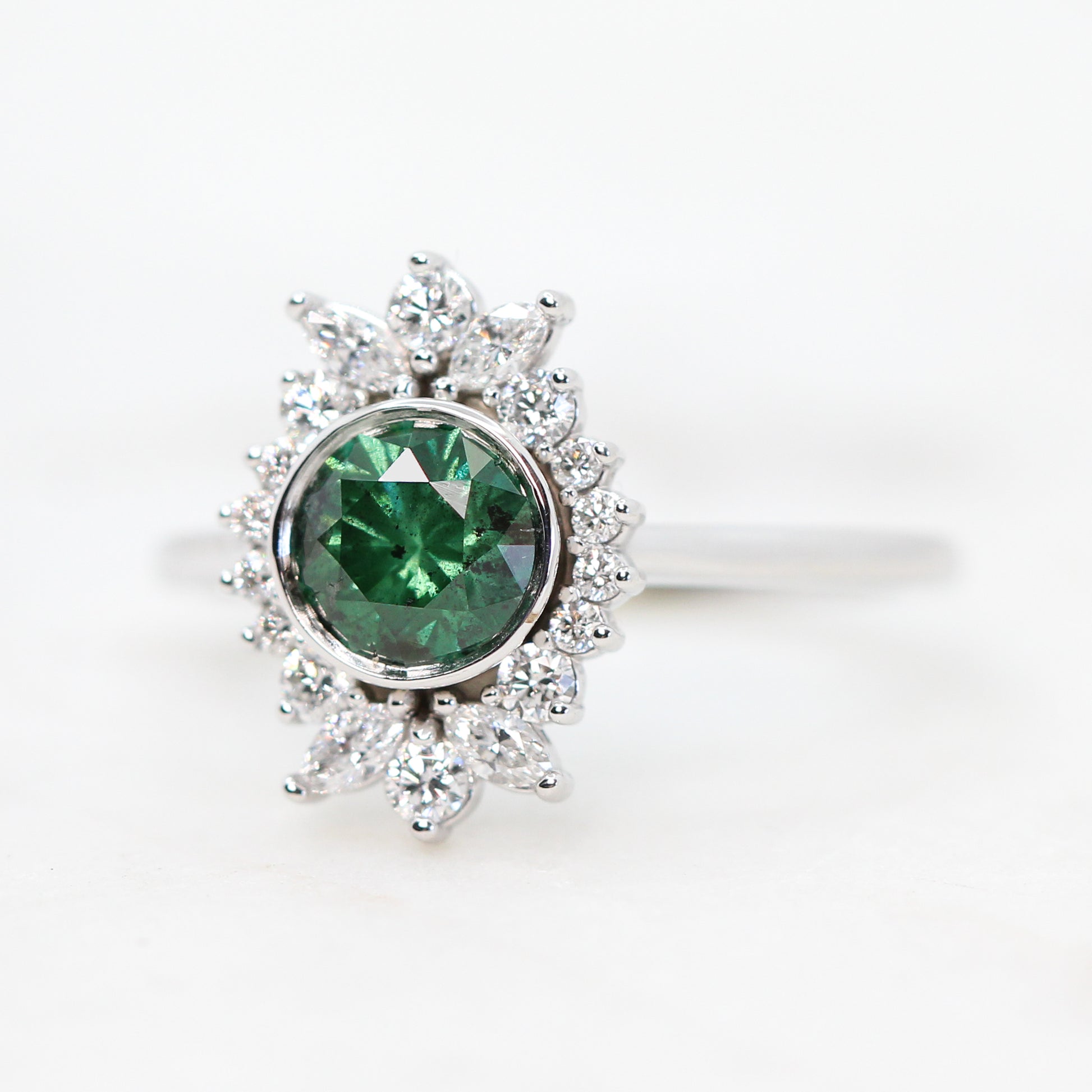 Juliette Ring with a 0.83 Carat Green Celestial Diamond and White Accent Diamonds in 14k White Gold - Ready to Size and Ship - Midwinter Co. Alternative Bridal Rings and Modern Fine Jewelry