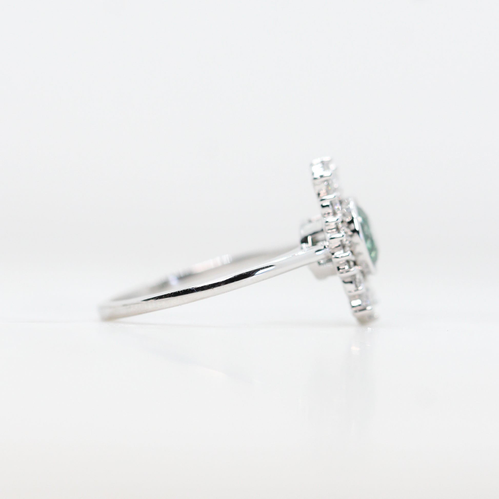 Juliette Ring with a 0.83 Carat Green Celestial Diamond and White Accent Diamonds in 14k White Gold - Ready to Size and Ship - Midwinter Co. Alternative Bridal Rings and Modern Fine Jewelry
