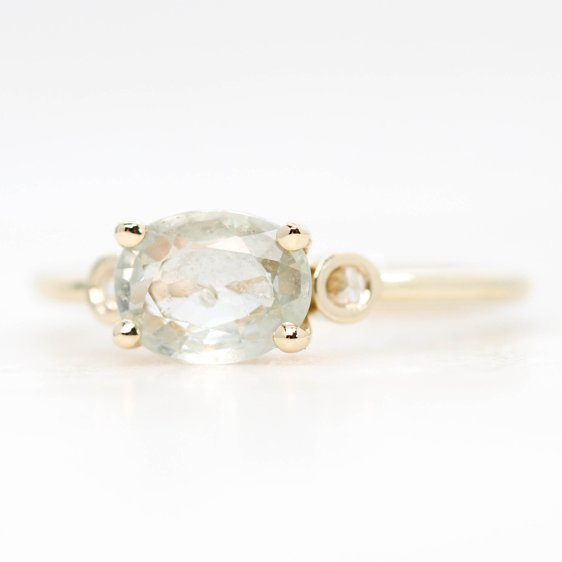 CAELEN (J) Logan Ring with a 1.35 Carat Clear Gray Sapphire and Clear White Rose Cut Accent Diamonds in 14k Yellow Gold - Ready to Size and Ship - Midwinter Co. Alternative Bridal Rings and Modern Fine Jewelry