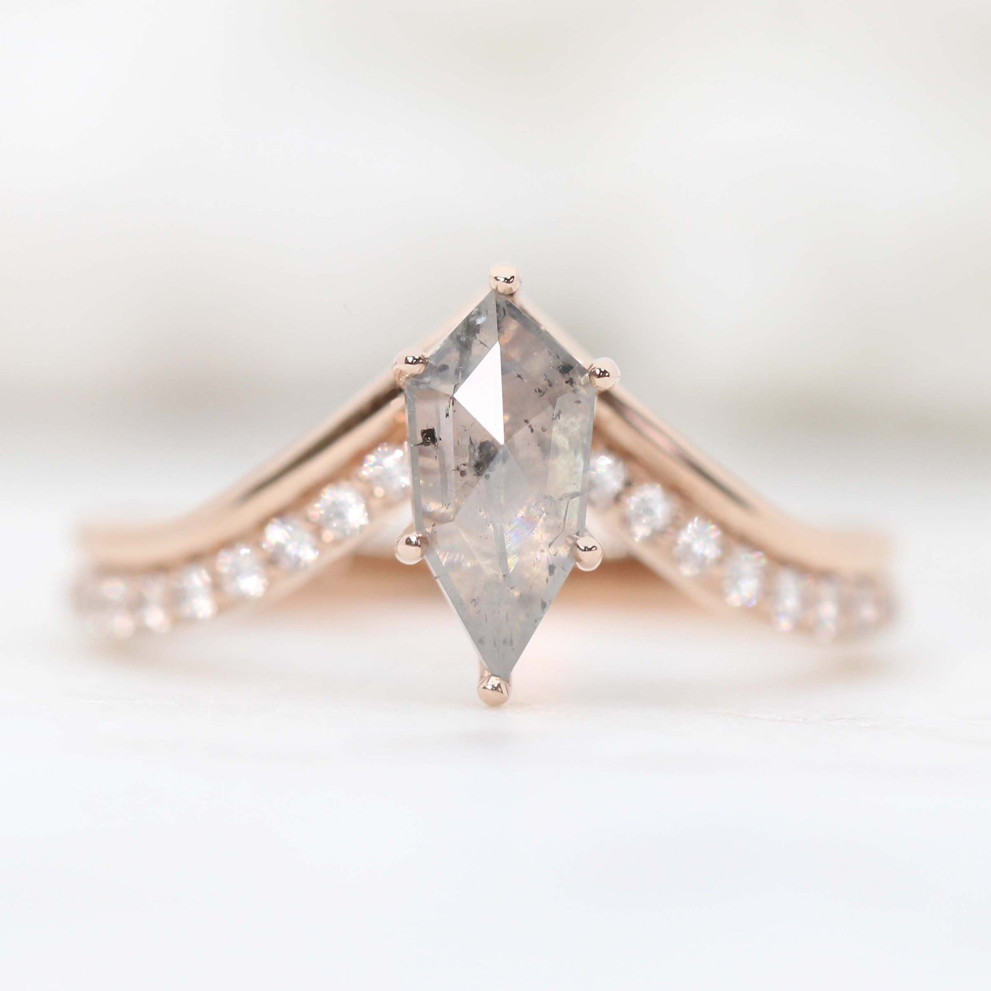 CAELEN (M) Zahra Ring with a 0.85 Carat Stormy Gray Shield Celestial Diamond and White Accent Diamonds in 14k Rose Gold - Ready to Size and Ship - Midwinter Co. Alternative Bridal Rings and Modern Fine Jewelry