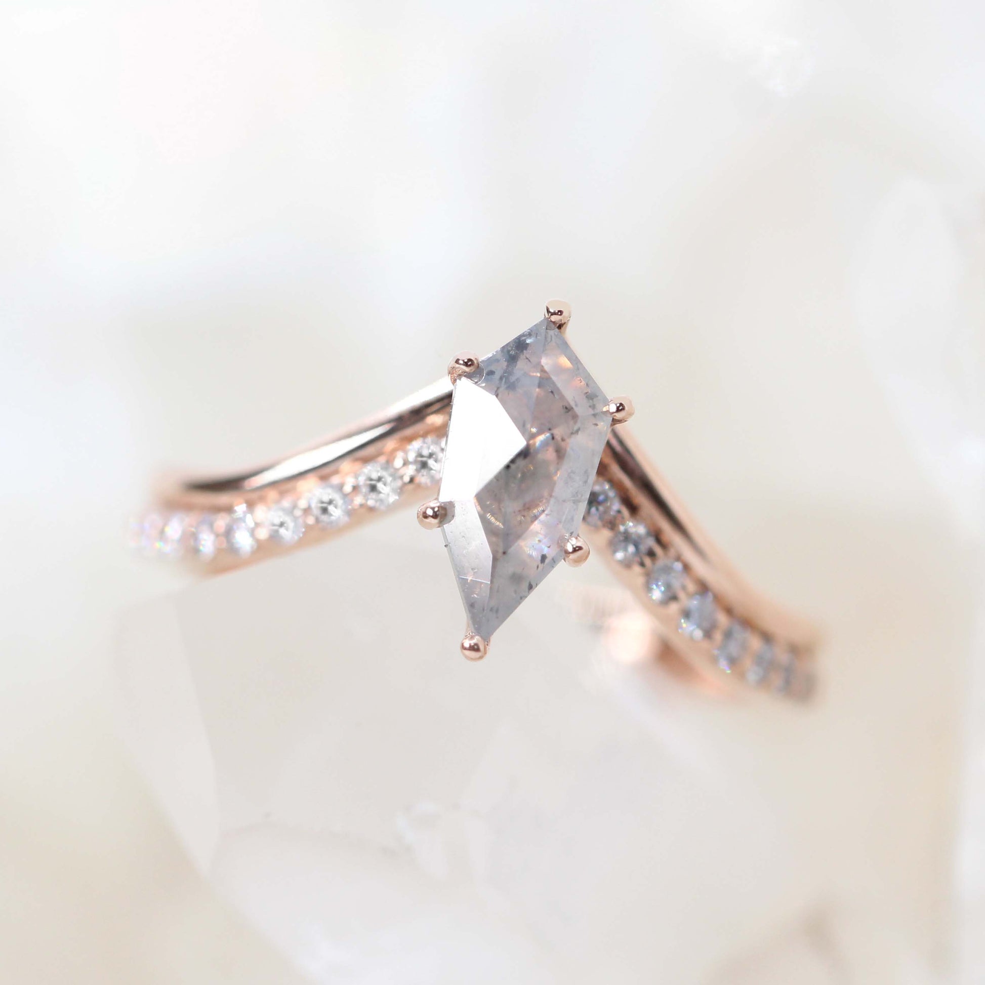 CAELEN (M) Zahra Ring with a 0.85 Carat Stormy Gray Shield Celestial Diamond and White Accent Diamonds in 14k Rose Gold - Ready to Size and Ship - Midwinter Co. Alternative Bridal Rings and Modern Fine Jewelry