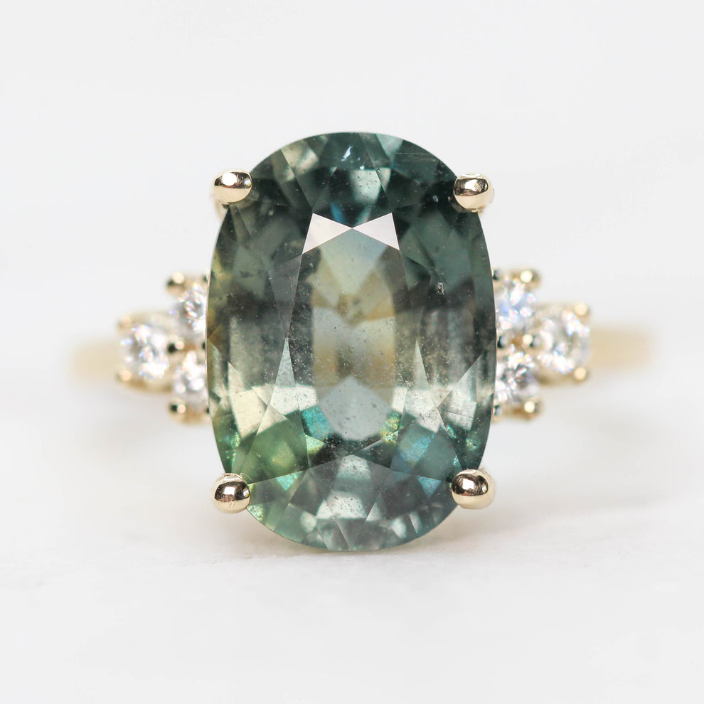 Veragene Ring with a 10.48 Carat Blue Green Oval Sapphire and White Ac ...