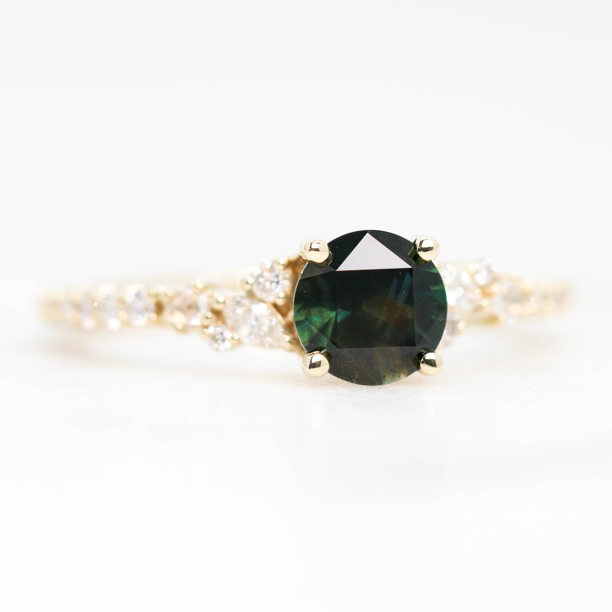 Elodie Ring with a 0.89 Carat Dark Green Unique Cut Sapphire and White Accent Diamonds in 14k Yellow Gold - Ready to Size and Ship - Midwinter Co. Alternative Bridal Rings and Modern Fine Jewelry