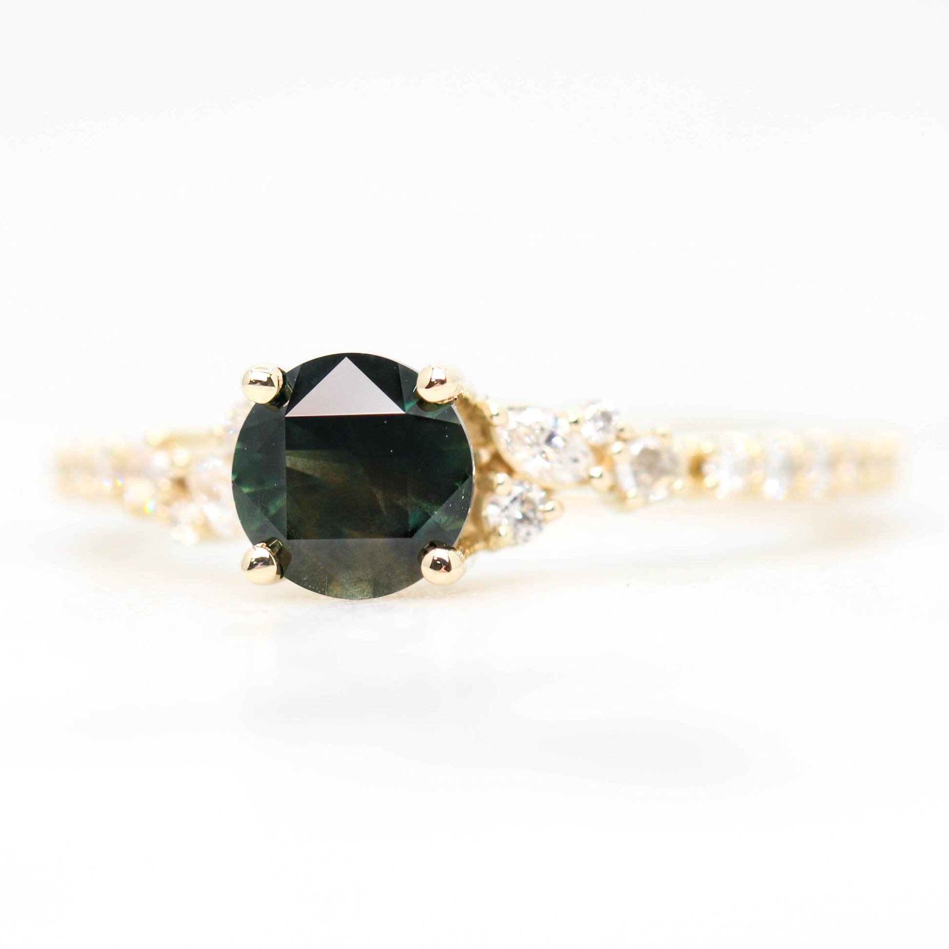 Elodie Ring with a 0.89 Carat Dark Green Unique Cut Sapphire and White Accent Diamonds in 14k Yellow Gold - Ready to Size and Ship - Midwinter Co. Alternative Bridal Rings and Modern Fine Jewelry