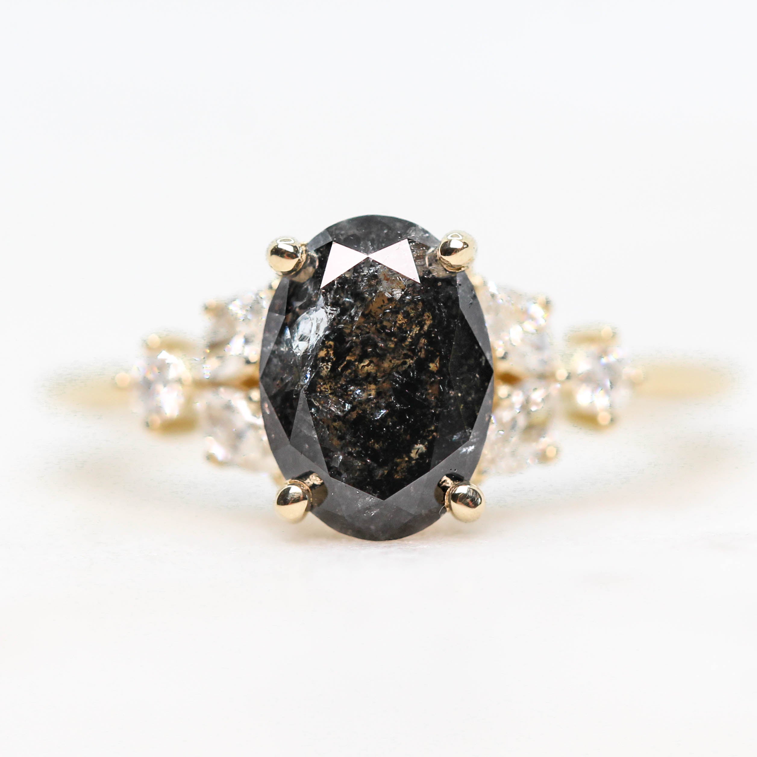 Andia Ring with a 1.80 Carat Oval Black Celestial Diamond and White Accent Diamonds in 14k Yellow Gold - Midwinter Co. Alternative Bridal Rings and Modern Fine Jewelry