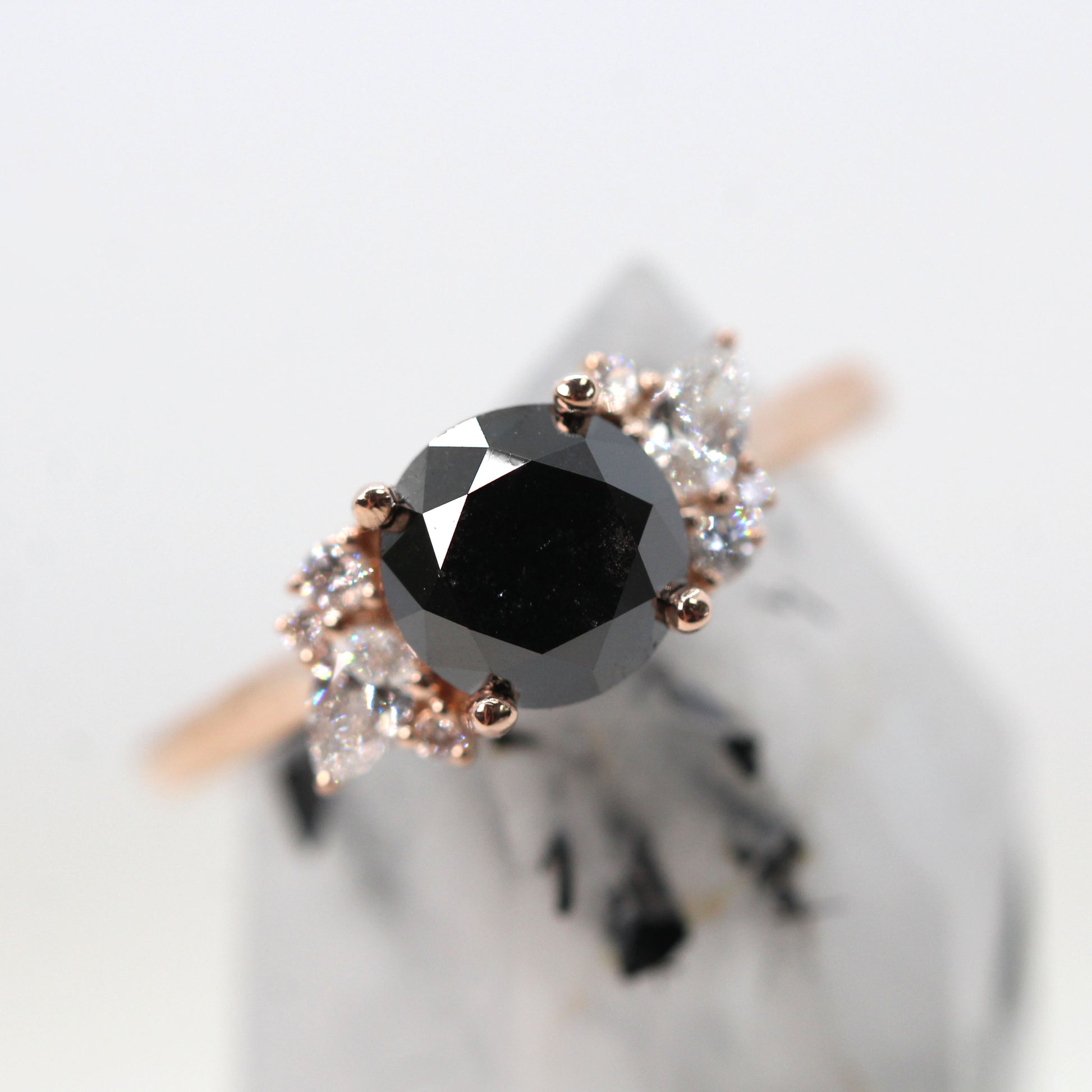 Sable Ring with a 2.20 Carat Round Black Celestial Diamond and White Accent Diamonds in 14k Rose Gold - Ready to Size and Ship - Midwinter Co. Alternative Bridal Rings and Modern Fine Jewelry