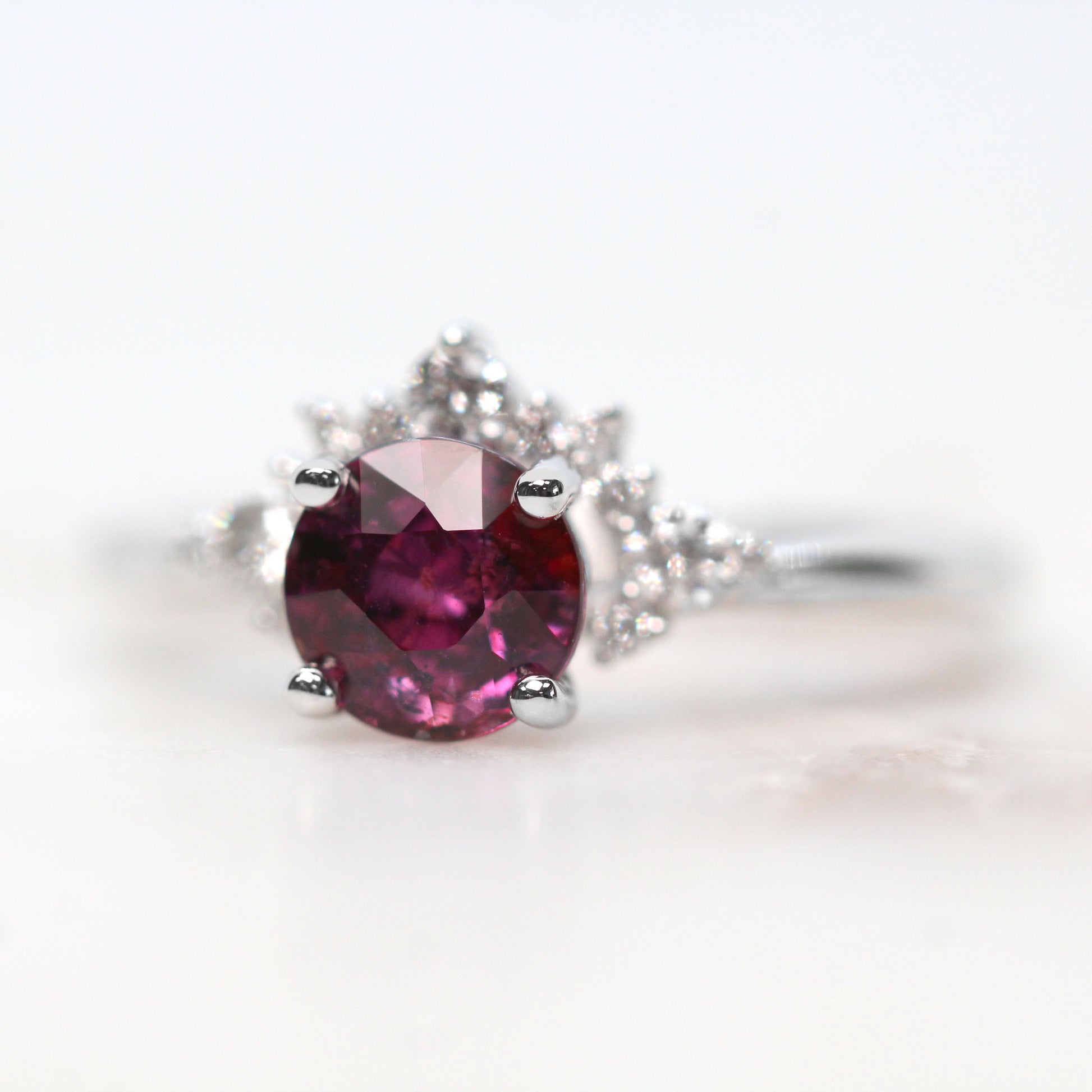 Athena Ring with a 1.72 Carat Round Purple Pink Sapphire and White Accent Diamonds in 14k White Gold - Ready to Size and Ship - Midwinter Co. Alternative Bridal Rings and Modern Fine Jewelry