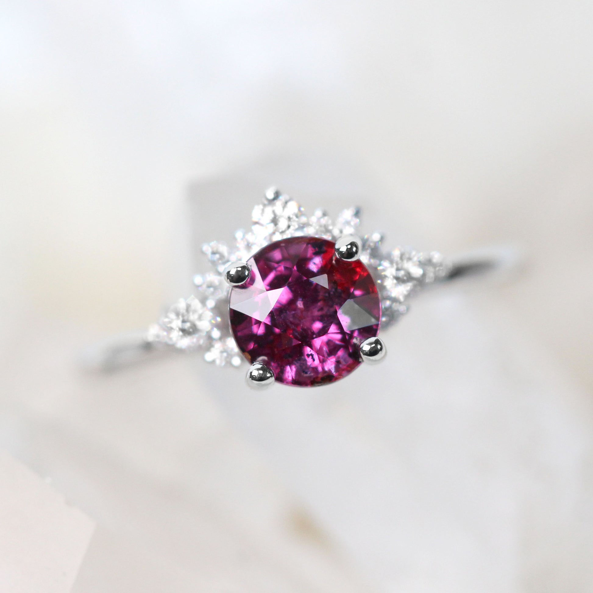 Athena Ring with a 1.72 Carat Round Purple Pink Sapphire and White Accent Diamonds in 14k White Gold - Ready to Size and Ship - Midwinter Co. Alternative Bridal Rings and Modern Fine Jewelry