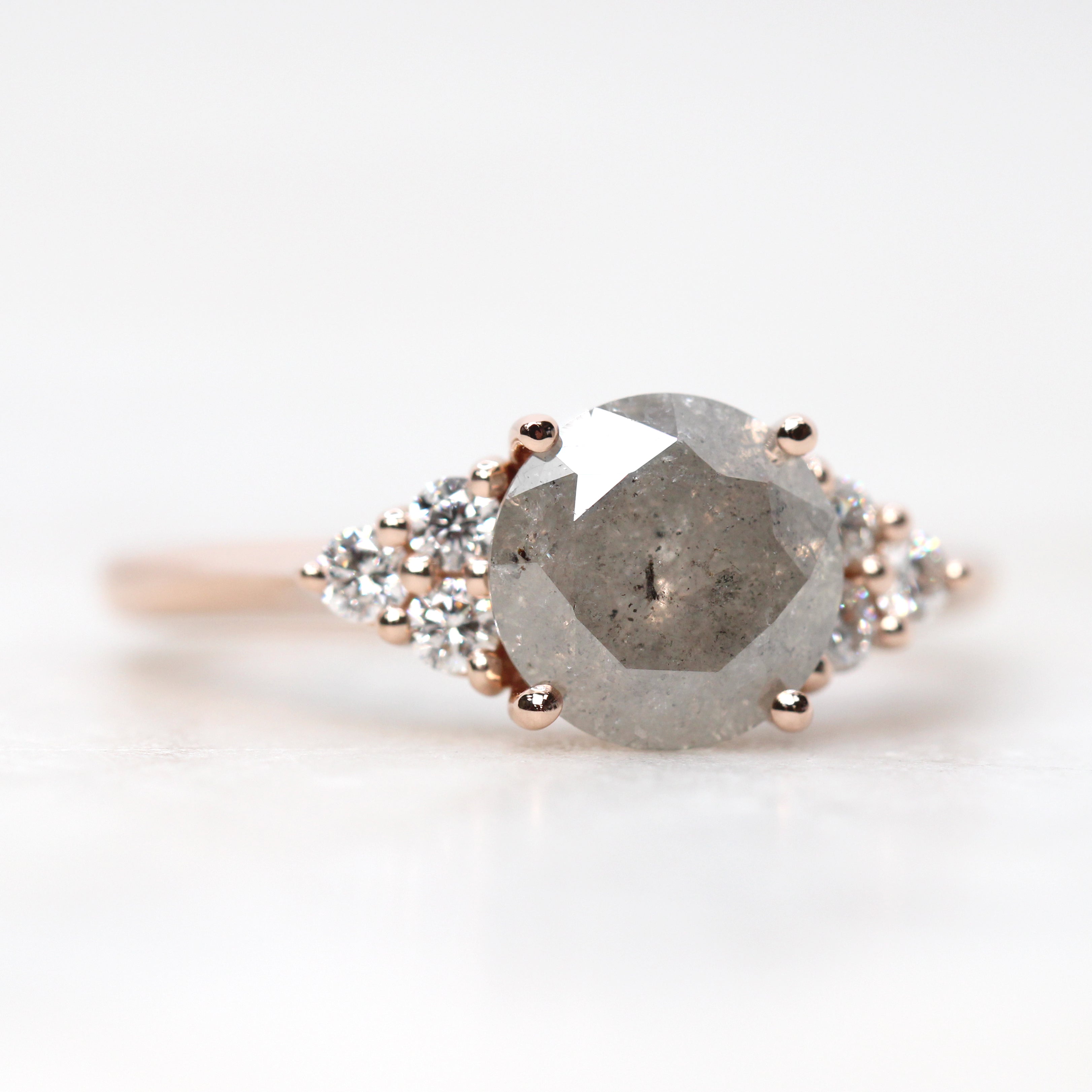Aster Ring with a 2.15 Carat Round Light Gray Celestial Diamond and White Accent Diamonds in 14k Rose Gold - Ready to Size and Ship - Midwinter Co. Alternative Bridal Rings and Modern Fine Jewelry