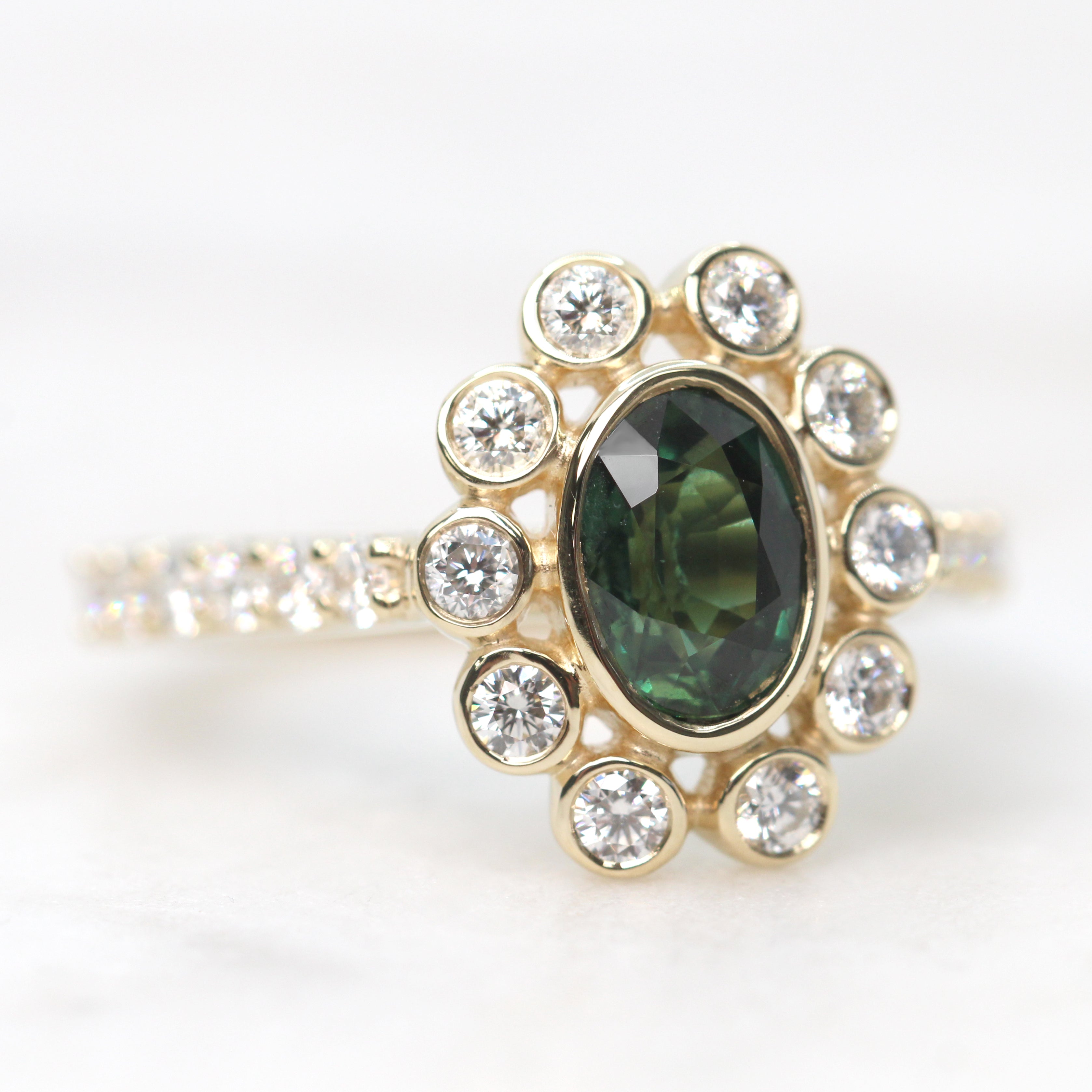 Minnie Ring with a 1.14 Carat Green Oval Australian Sapphire and White Accent Diamonds in 14k Yellow Gold - Ready to Size and Ship - Midwinter Co. Alternative Bridal Rings and Modern Fine Jewelry