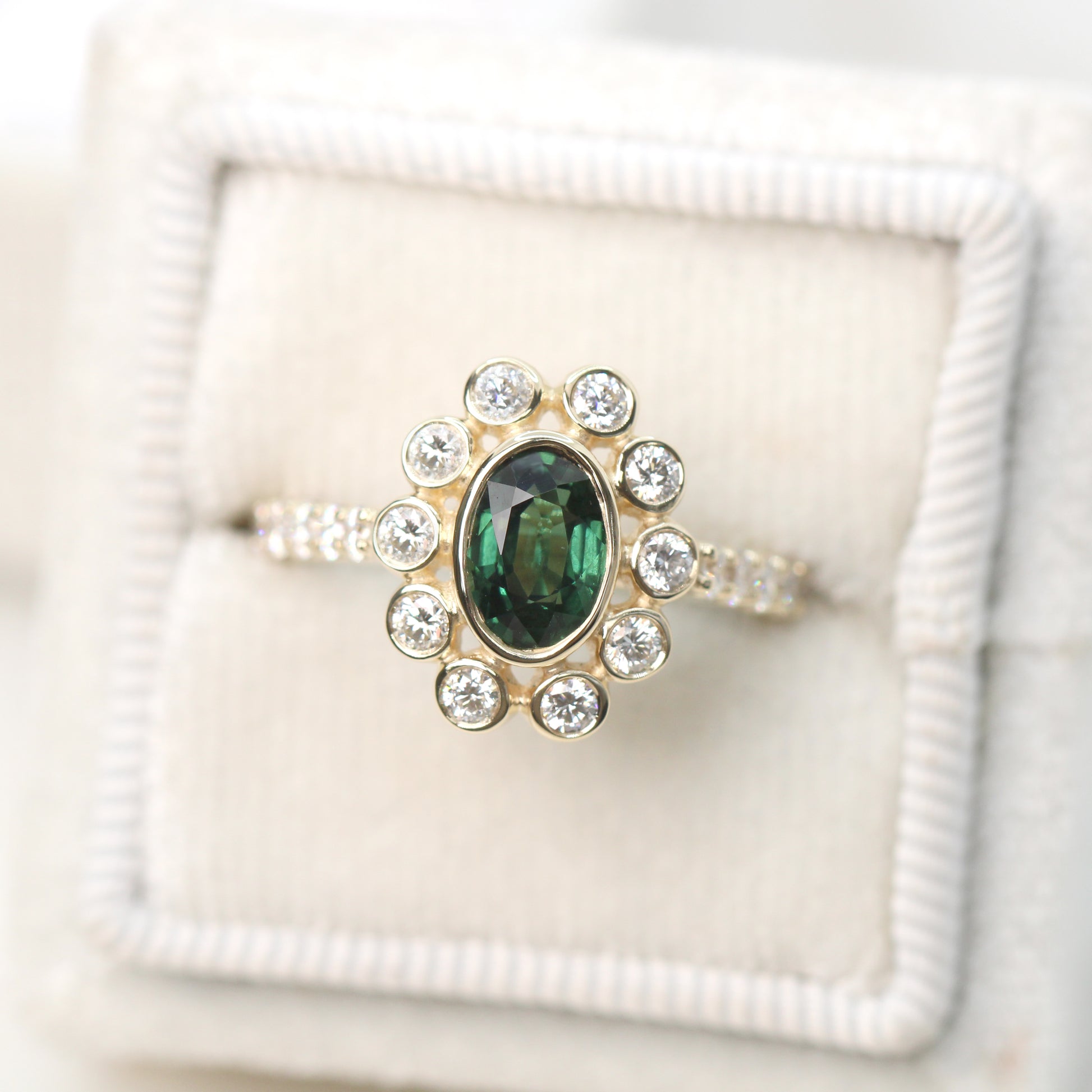 Minnie Ring with a 1.14 Carat Green Oval Australian Sapphire and White Accent Diamonds in 14k Yellow Gold - Ready to Size and Ship - Midwinter Co. Alternative Bridal Rings and Modern Fine Jewelry