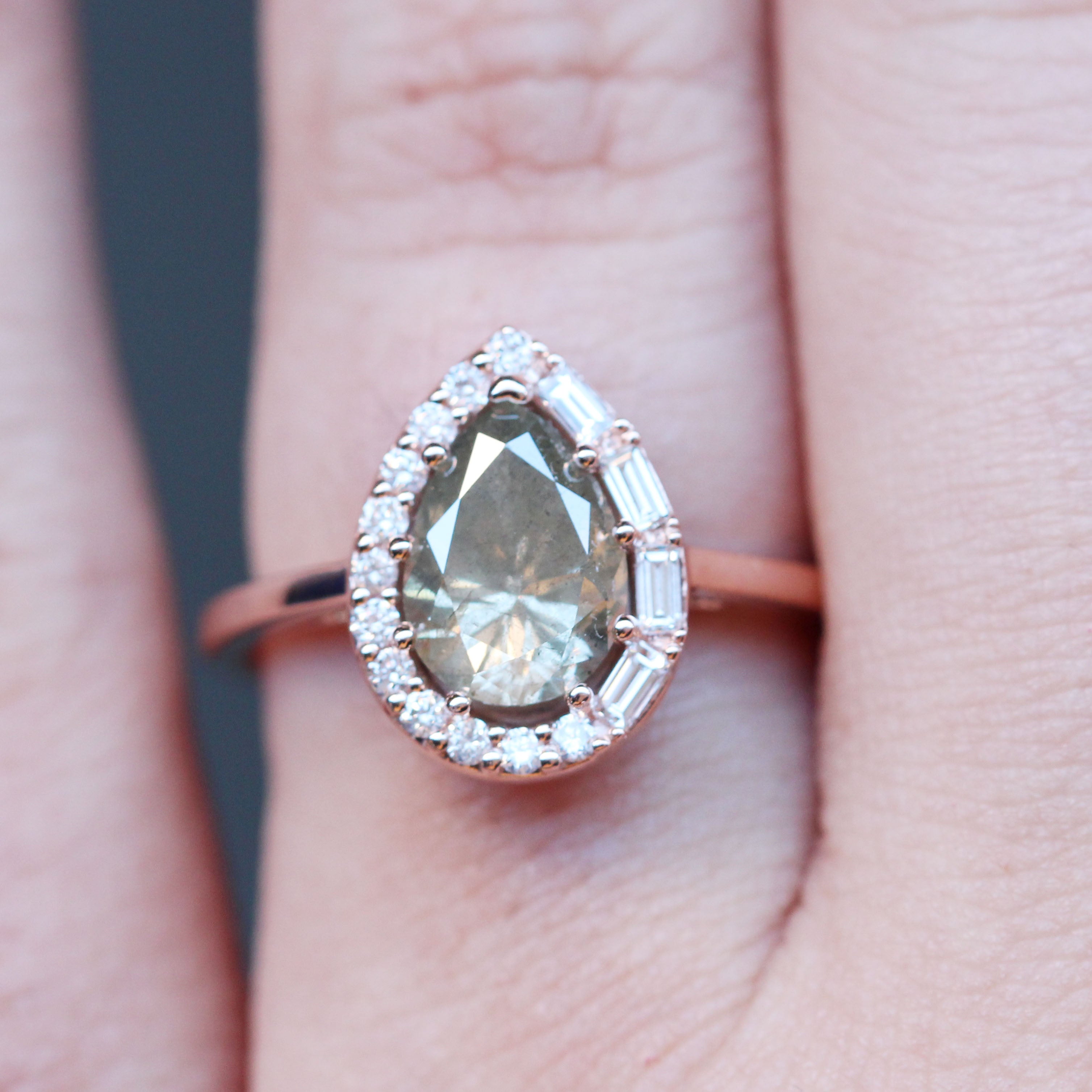 Collins Ring with a 1.69 Green + Gray Pear Diamond and White Accent Diamonds in 10k Rose Gold - Ready to Size and Ship - Midwinter Co. Alternative Bridal Rings and Modern Fine Jewelry