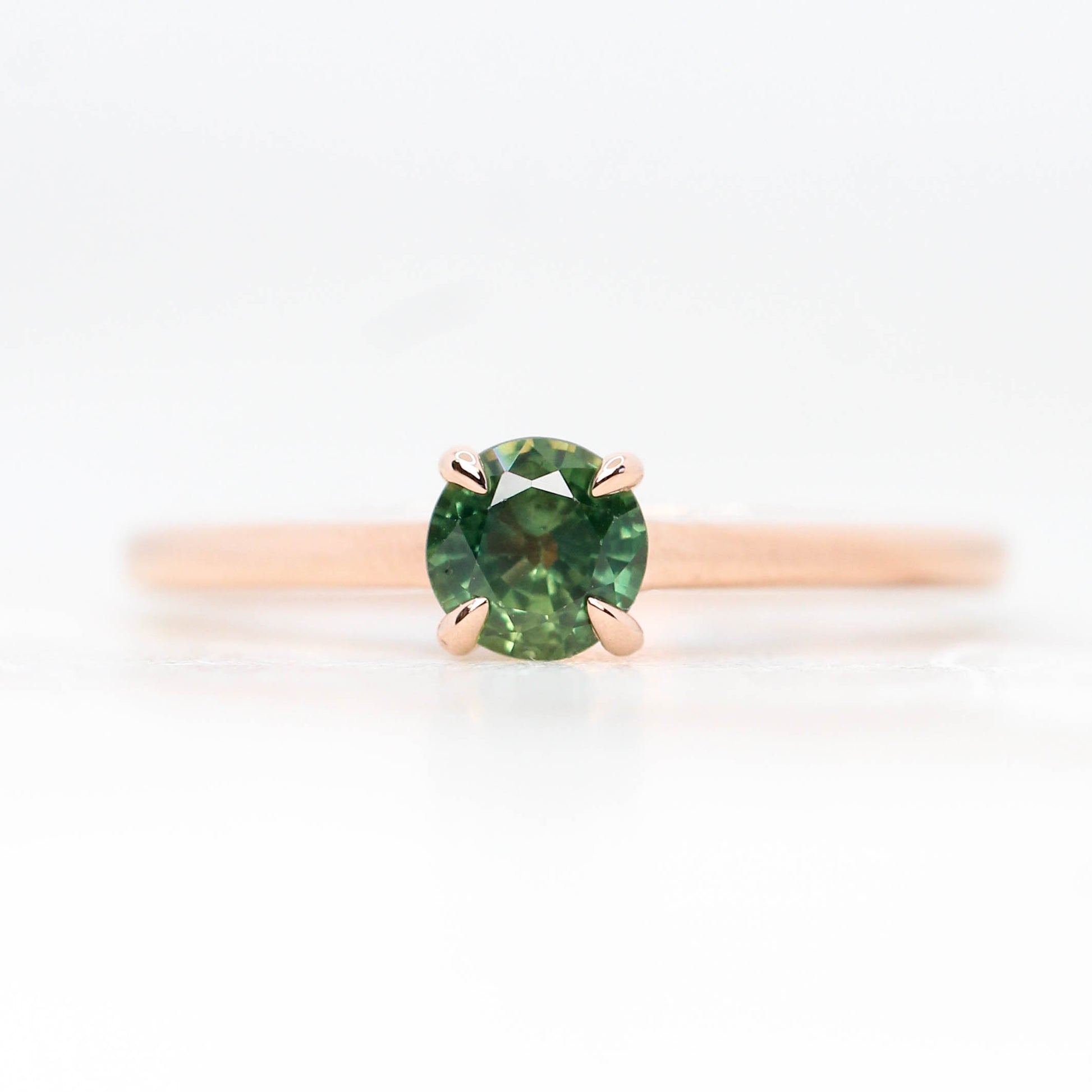 Elle Ring with a 0.49 Carat Teal Green Round Australian Sapphire in 14k Rose Gold - Ready to Size and Ship - Midwinter Co. Alternative Bridal Rings and Modern Fine Jewelry