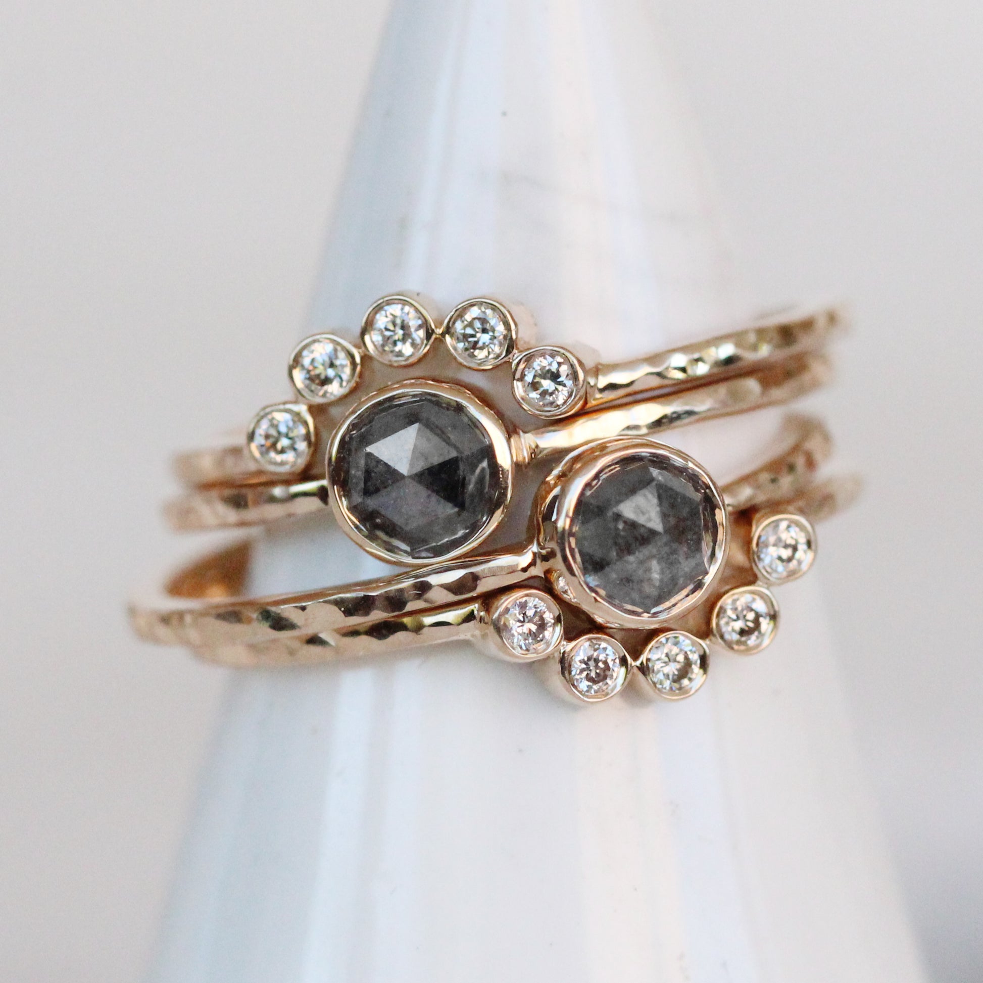Set of 2 - Limited Edition - Ring Drop No.1 - Bezel set rose cut solitaire and matching diamond band in champagne gold - hammered - ready to size and ship - Midwinter Co. Alternative Bridal Rings and Modern Fine Jewelry