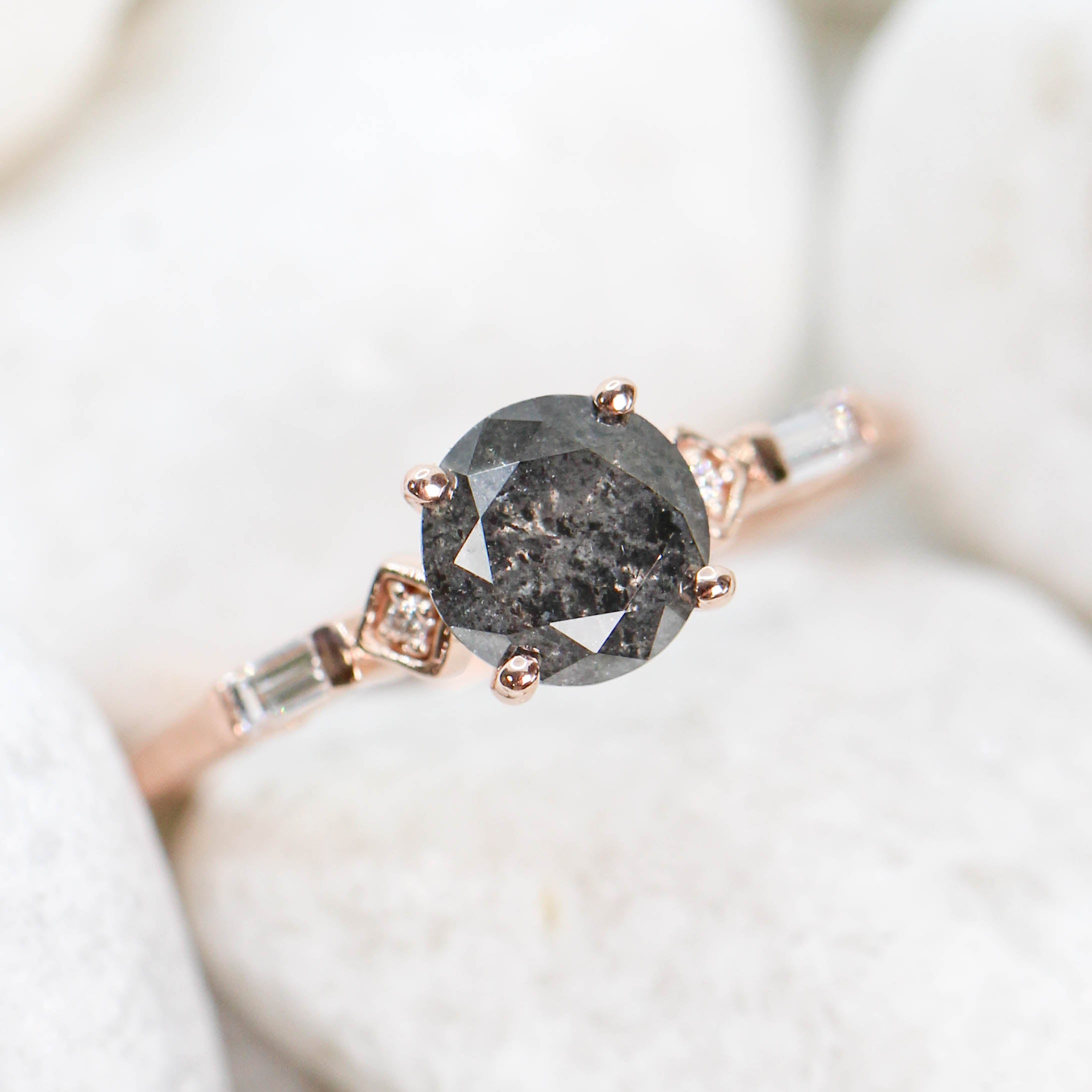 Esther Ring with a 1.40 Carat Round Black Celestial Diamond and White Accent Diamonds in 14k Rose Gold - Ready to Size and Ship - Midwinter Co. Alternative Bridal Rings and Modern Fine Jewelry