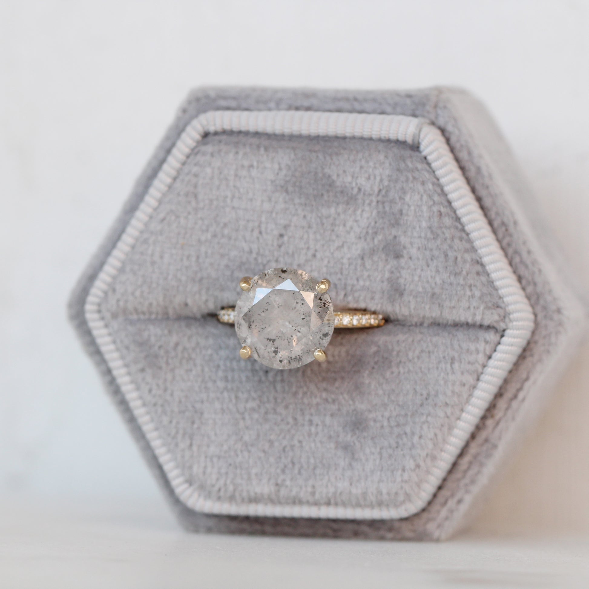 Imani Ring with a 4.87 Carat Salt and Pepper Diamond and White
