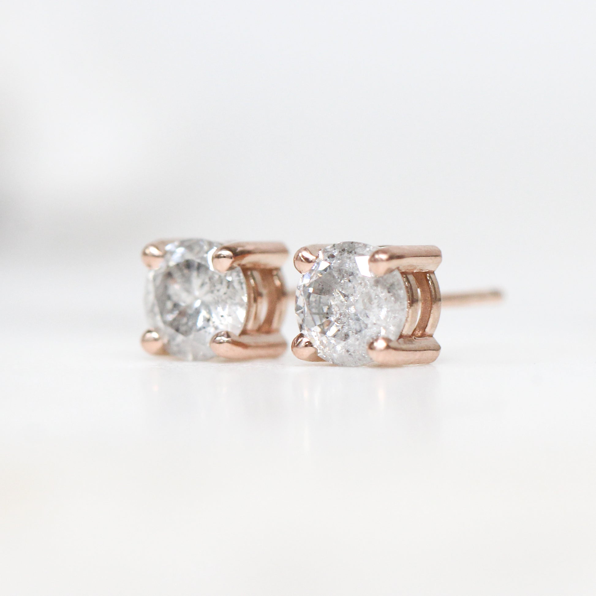 1.18 Carat Brilliant Cut Light Gray Round Celestial Diamond Earring Studs in 14k Rose Gold - Midwinter Co. Alternative Bridal Rings and Modern Fine Jewelry