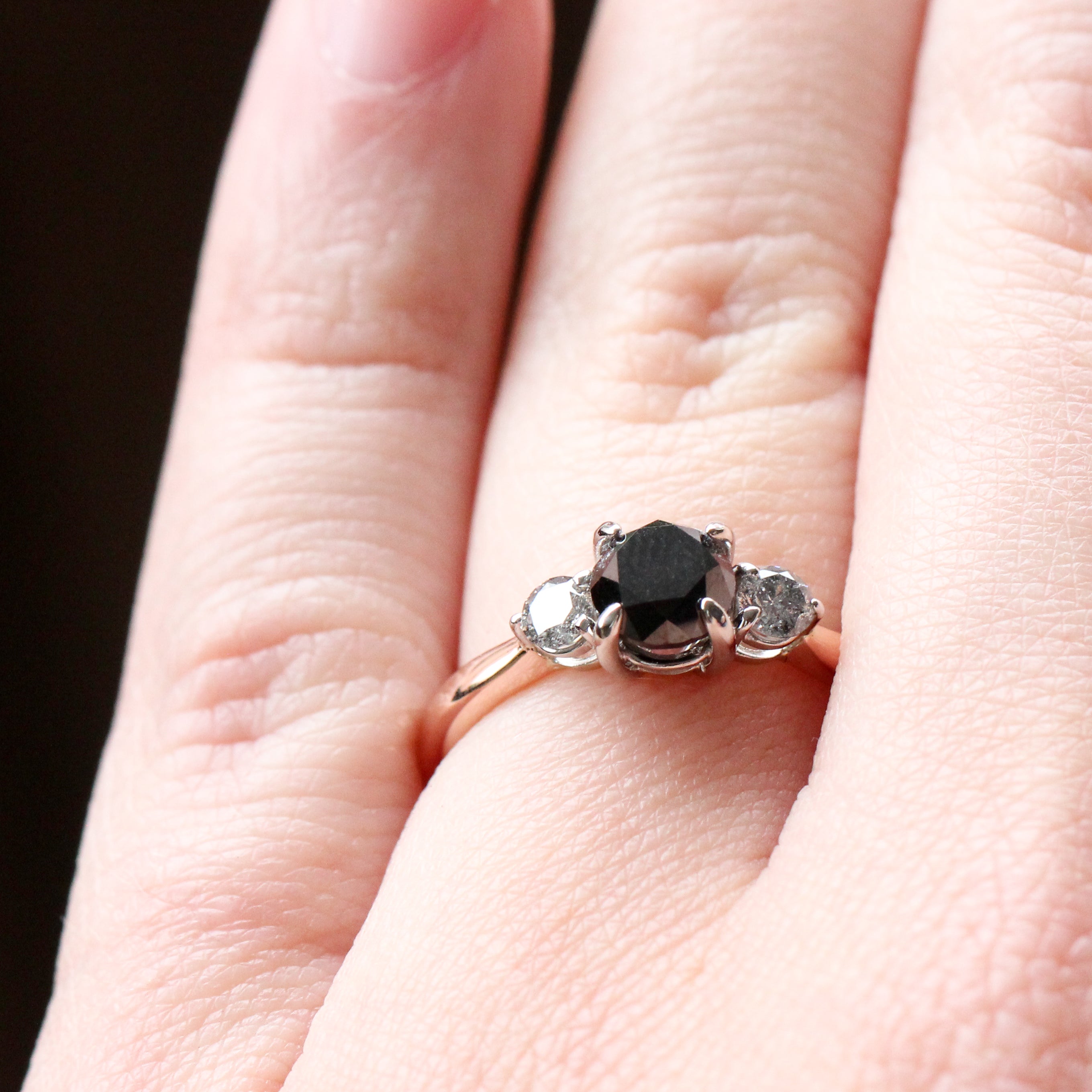 Olive Ring with a 1 Carat Black Diamond and Gray Salt and Pepper