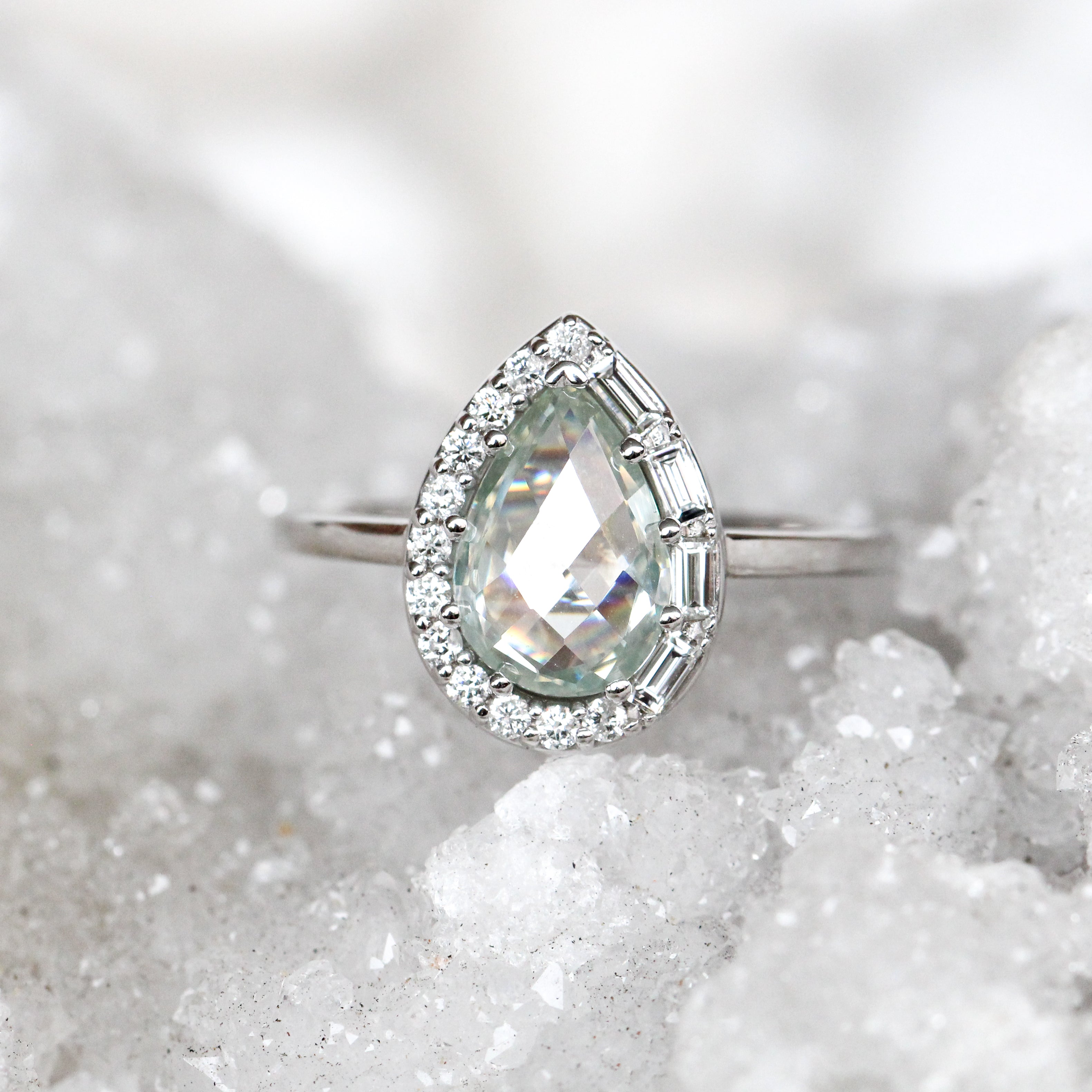 Collins Ring with a 1 Carat Clear Moissanite and White Accent Diamonds in 10k White Gold - Ready to Size and Ship - Midwinter Co. Alternative Bridal Rings and Modern Fine Jewelry
