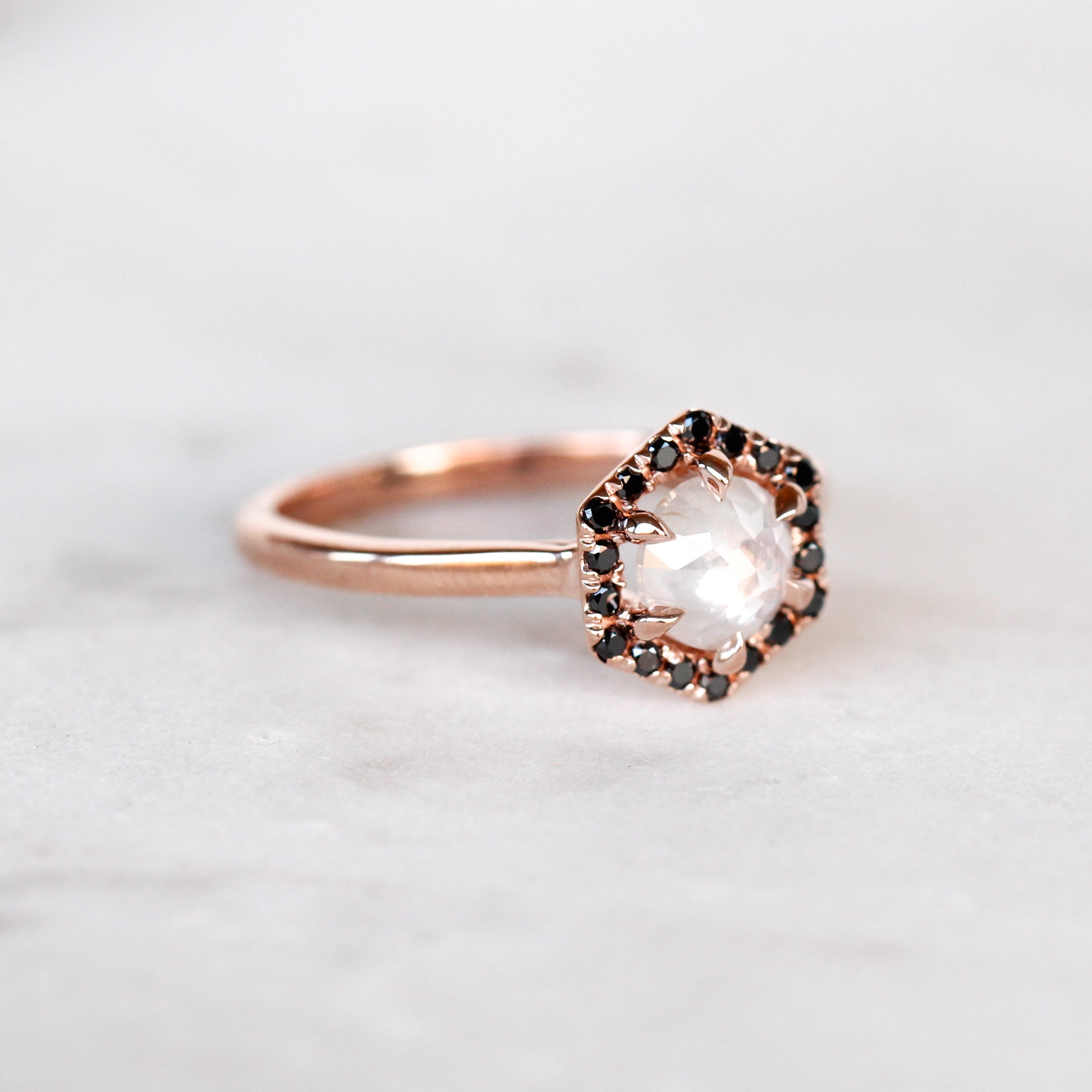 Sia Ring with a 0.90 Carat Misty White Round Rose Cut Diamond and Black Accent Diamonds in 10k Rose Gold - Ready to Size and Ship - Midwinter Co. Alternative Bridal Rings and Modern Fine Jewelry