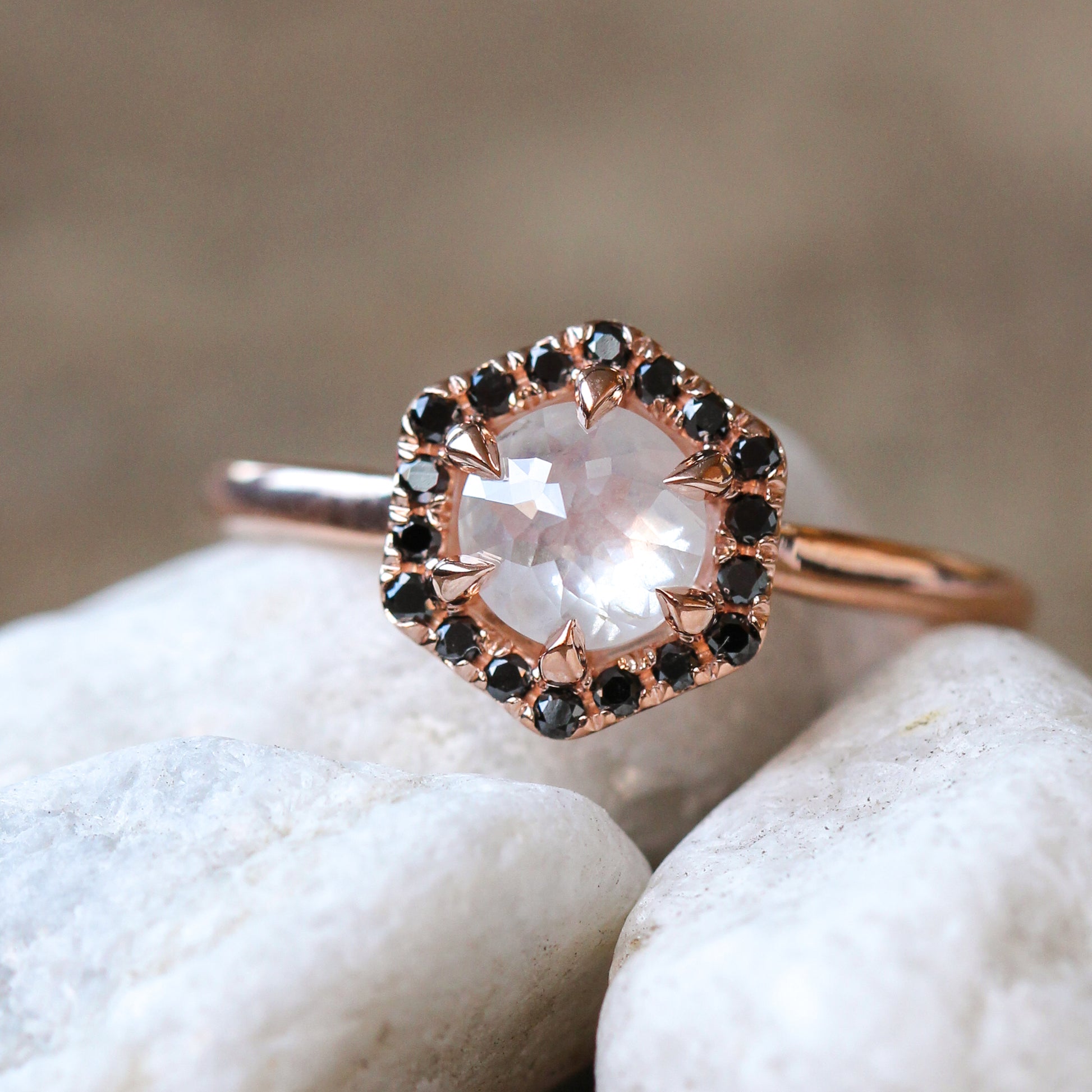 Sia Ring with a 0.90 Carat Misty White Round Rose Cut Diamond and Black Accent Diamonds in 10k Rose Gold - Ready to Size and Ship - Midwinter Co. Alternative Bridal Rings and Modern Fine Jewelry