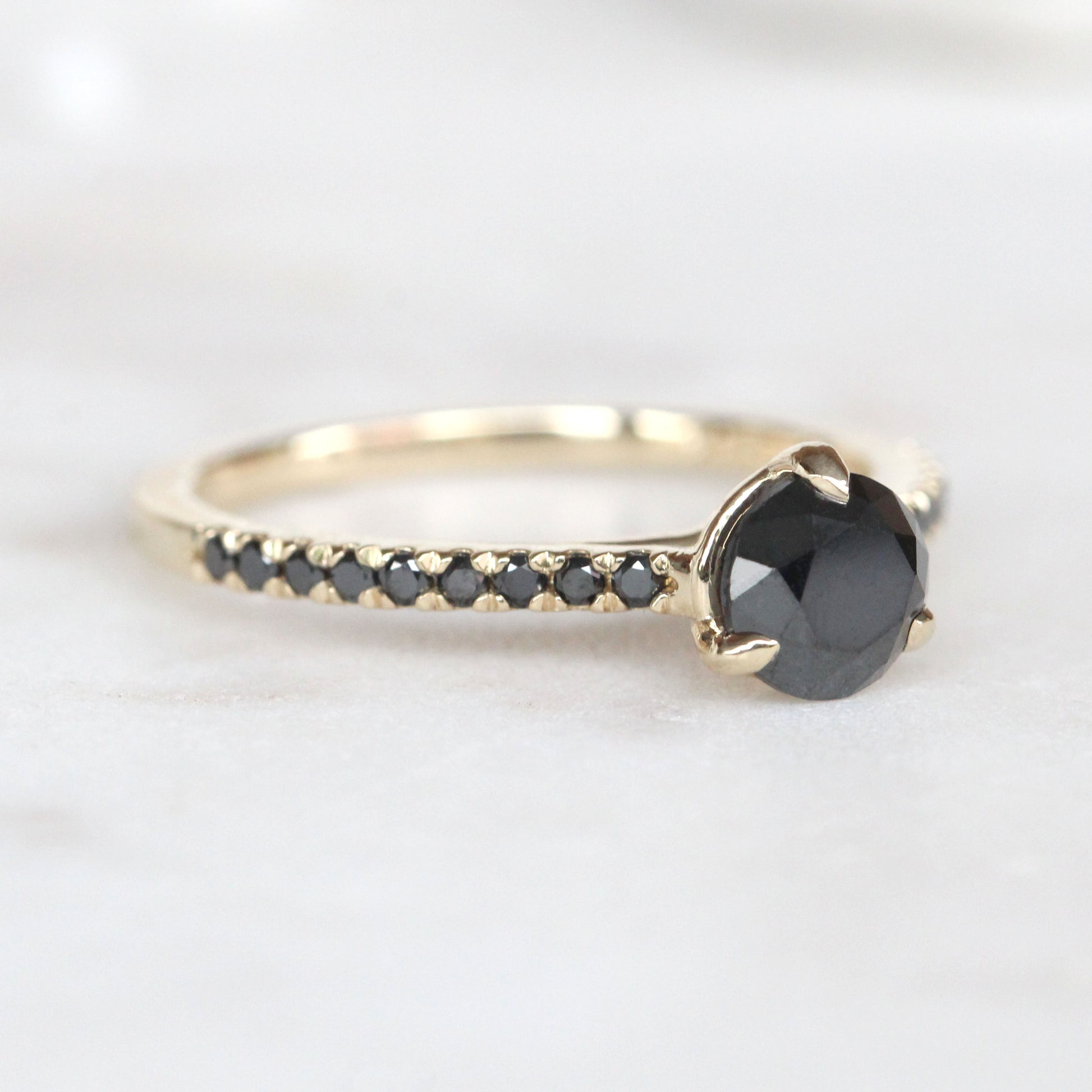 CAELEN Veronica Ring with a 1 Carat Black Diamond and Eighteen French Set Black Accent Diamonds in 10k Yellow Gold - Ready to Size and Ship - Midwinter Co. Alternative Bridal Rings and Modern Fine Jewelry