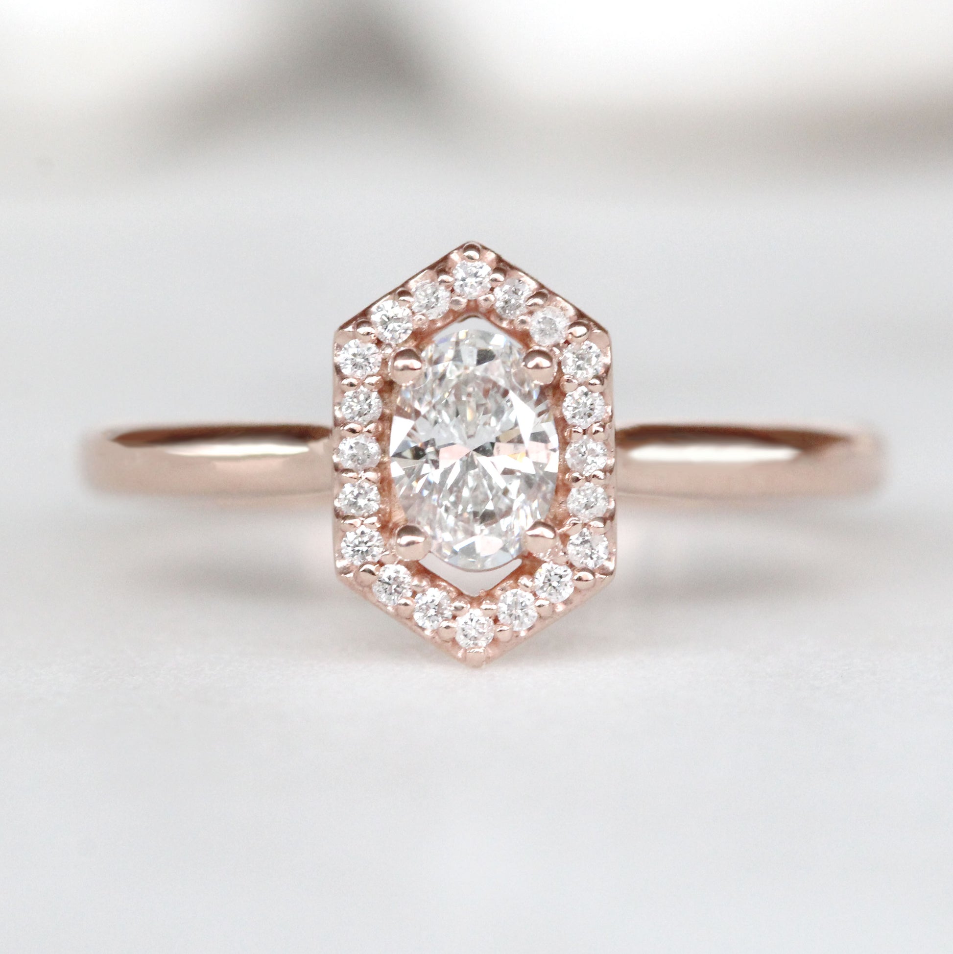 CAELEN Etta Ring with a 0.37 Carat Oval Diamond and Twenty Round White Accent Diamonds in 10k Rose Gold - Ready to Size and Ship - Midwinter Co. Alternative Bridal Rings and Modern Fine Jewelry