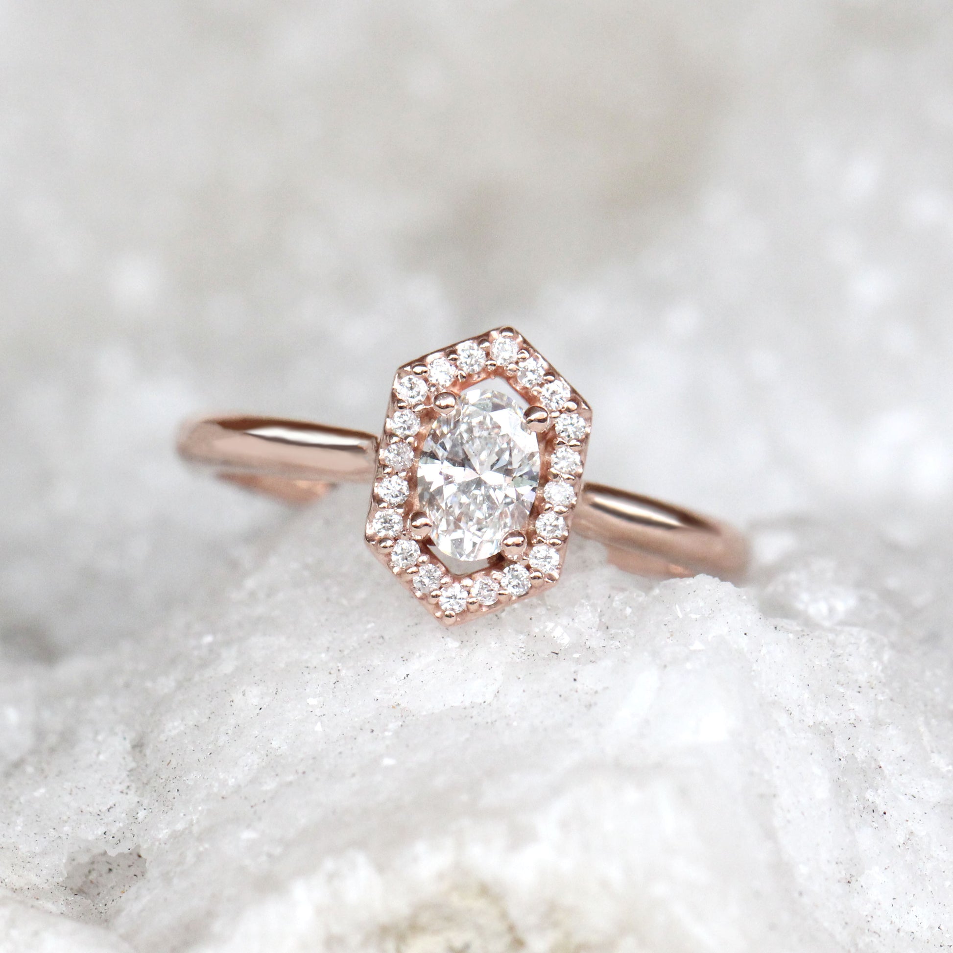 CAELEN Etta Ring with a 0.37 Carat Oval Diamond and Twenty Round White Accent Diamonds in 10k Rose Gold - Ready to Size and Ship - Midwinter Co. Alternative Bridal Rings and Modern Fine Jewelry