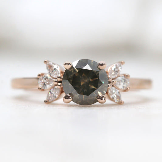 Kendra Ring with a 1.25 Carat Round Champagne Brown Celestial Diamond and White Accent Diamonds in 14k Rose Gold - Ready to Size and Ship - Midwinter Co. Alternative Bridal Rings and Modern Fine Jewelry