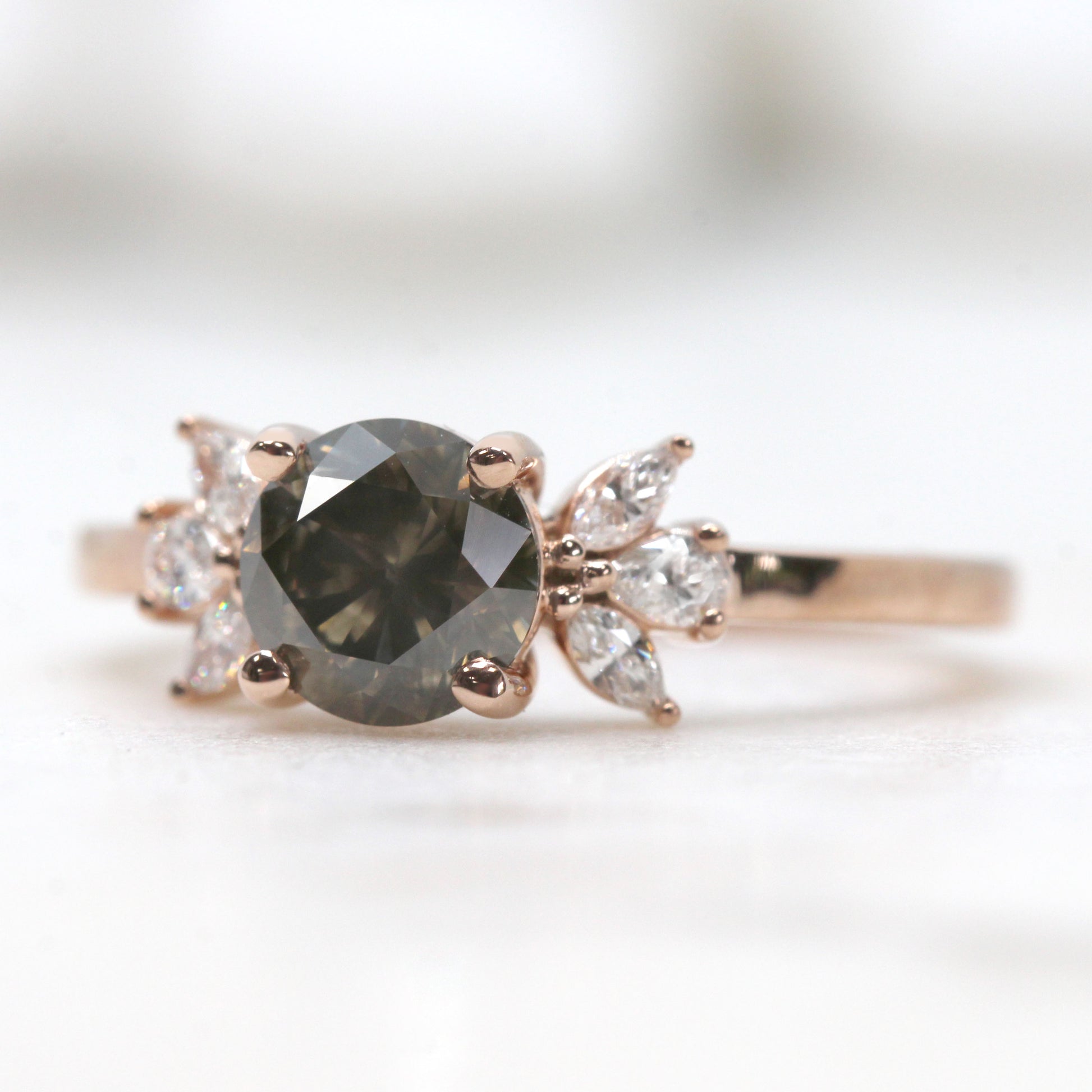 Kendra Ring with a 1.25 Carat Round Champagne Brown Celestial Diamond and White Accent Diamonds in 14k Rose Gold - Ready to Size and Ship - Midwinter Co. Alternative Bridal Rings and Modern Fine Jewelry