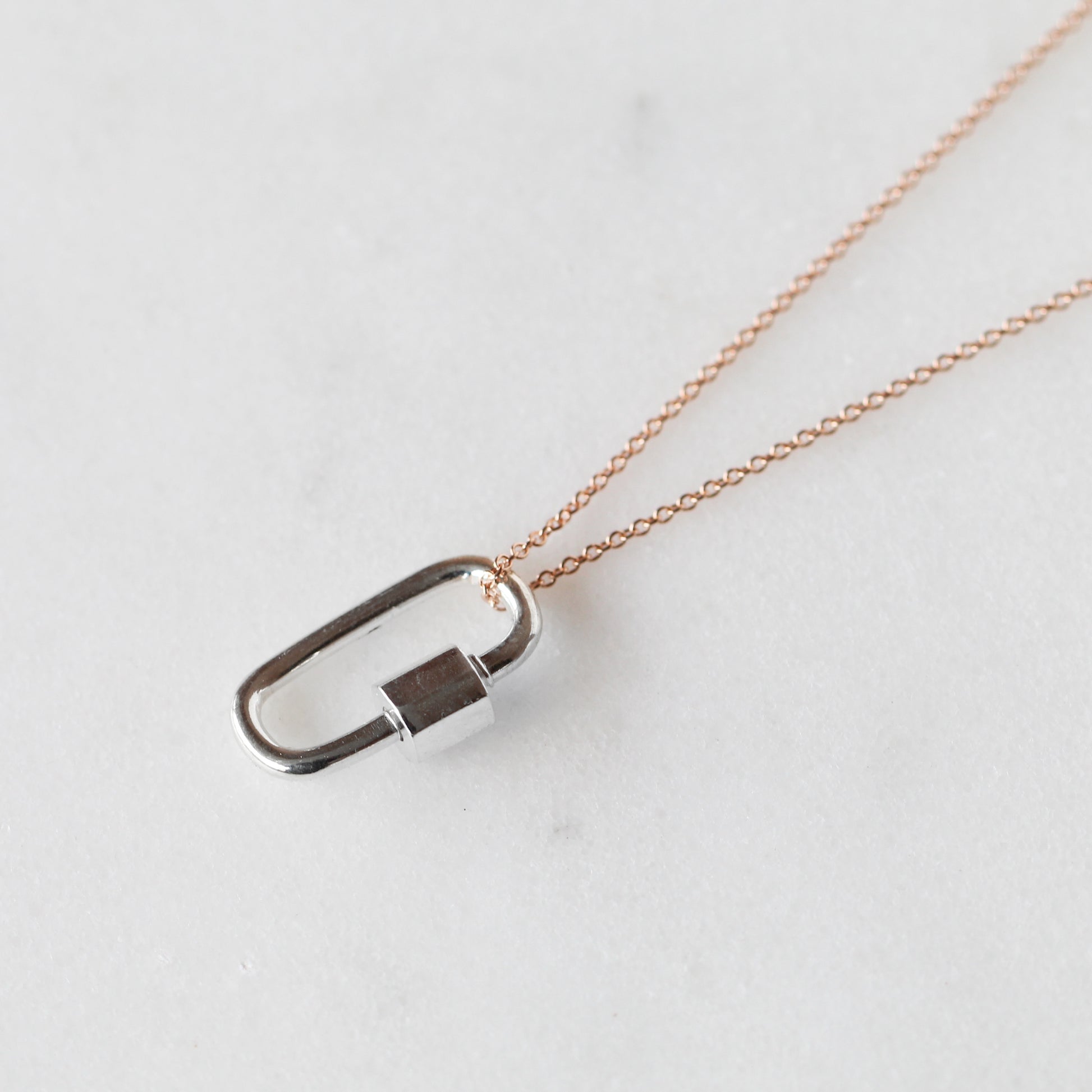 Minimal Cabrera Lock in Sterling Silver - Necklace with 14k Rose Gold Fill Chain - Midwinter Co. Alternative Bridal Rings and Modern Fine Jewelry