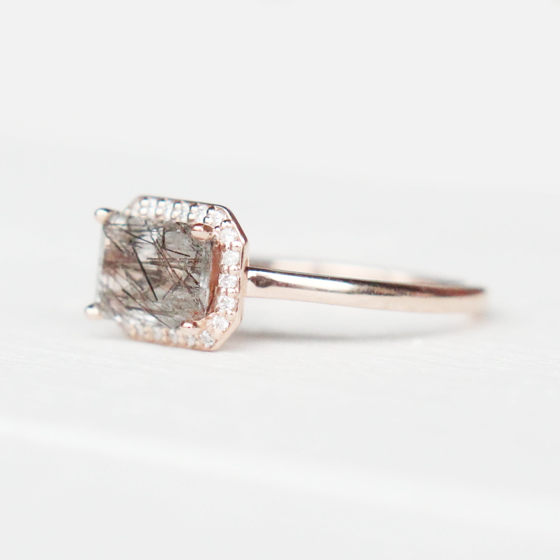 Kait - Emerald Cut Tourmalinated Quartz in a Diamond Halo - Pick your diamonds and metal - Midwinter Co. Alternative Bridal Rings and Modern Fine Jewelry