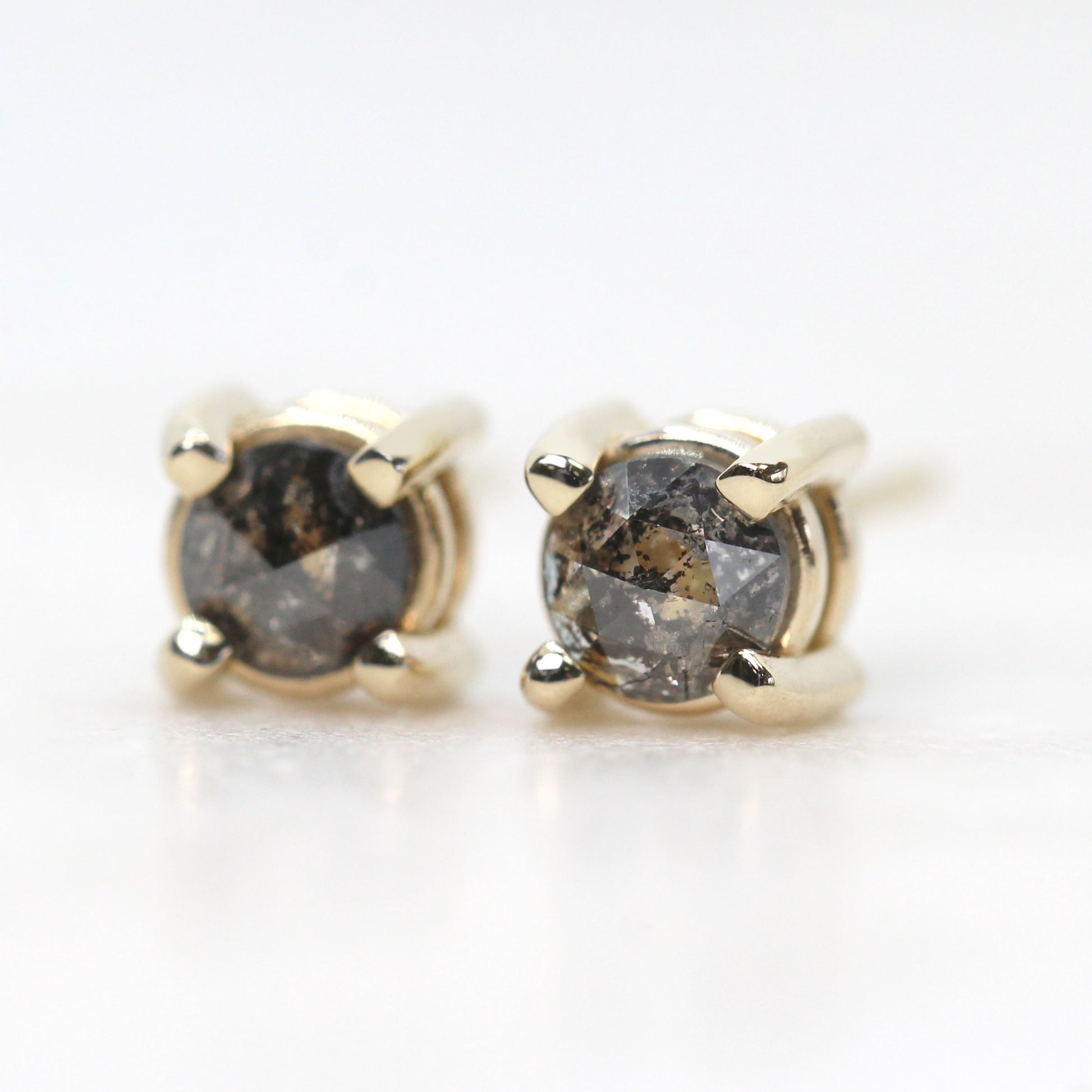 Rose Cut 3.8mm Dark Charcoal Gray Celestial Diamond Earring Studs in 14k Yellow Gold - Ready to Ship - Midwinter Co. Alternative Bridal Rings and Modern Fine Jewelry