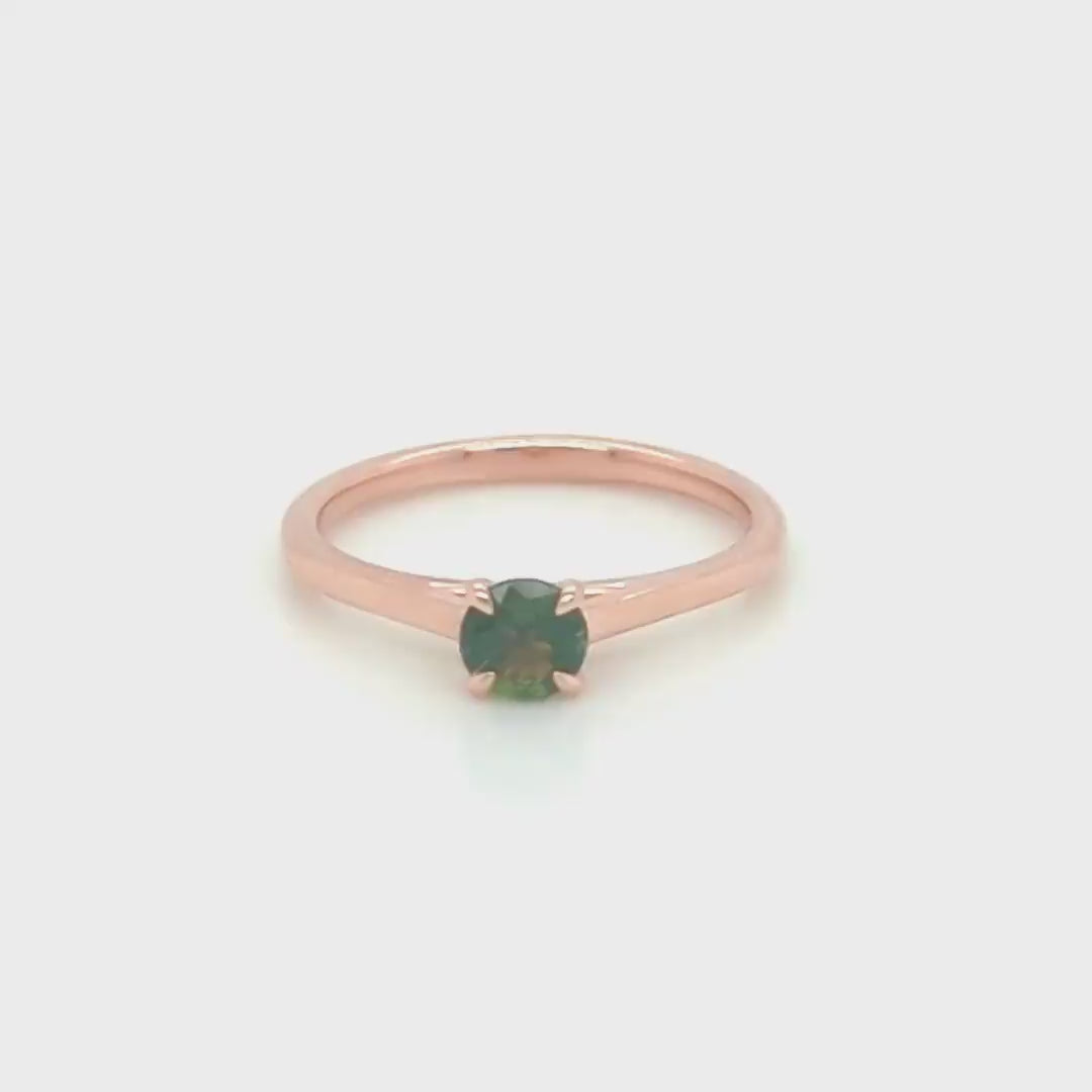 Elle Ring with a 0.49 Carat Teal Green Round Australian Sapphire in 14k Rose Gold - Ready to Size and Ship