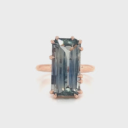 Elena Ring with a 10.75 Carat Emerald Cut Green Blue Bi-Color Sapphire in 14k Rose Gold - Ready to Size and Ship