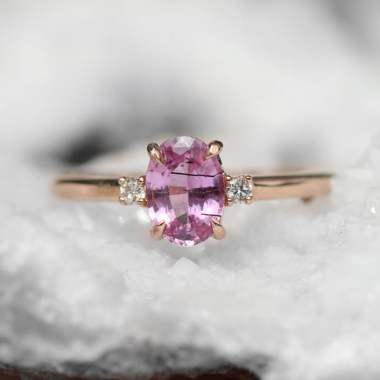 Terra Ring with 1.05 carat pink sapphire with black needle inclusions and white diamonds in 10k rose gold - ready to size and ship - Midwinter Co. Alternative Bridal Rings and Modern Fine Jewelry